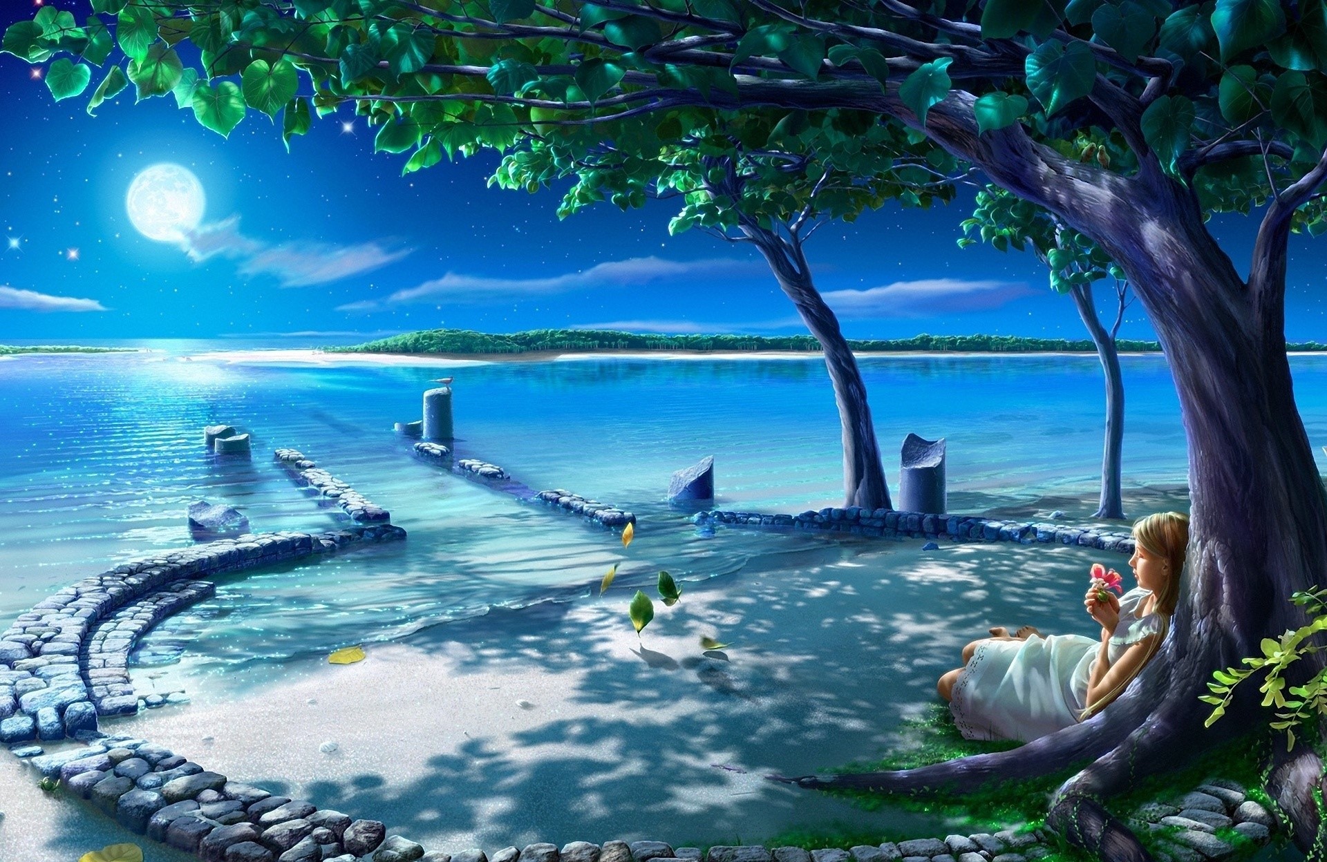 Girl sitting under a tree by the water at night HD Wallpaper