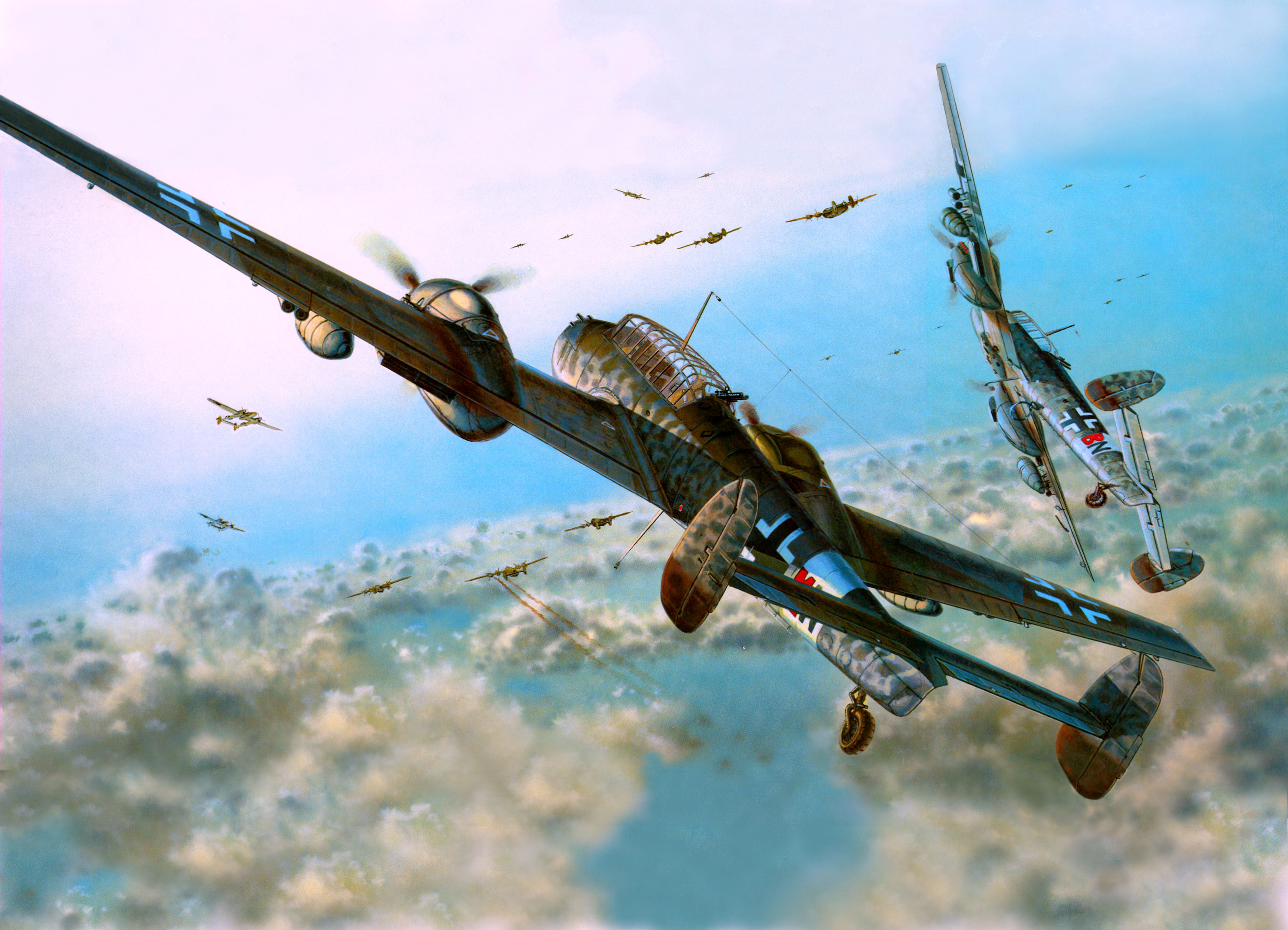 Messerschmitt Bf 110 aircraft in aerial combat HD Wallpaper