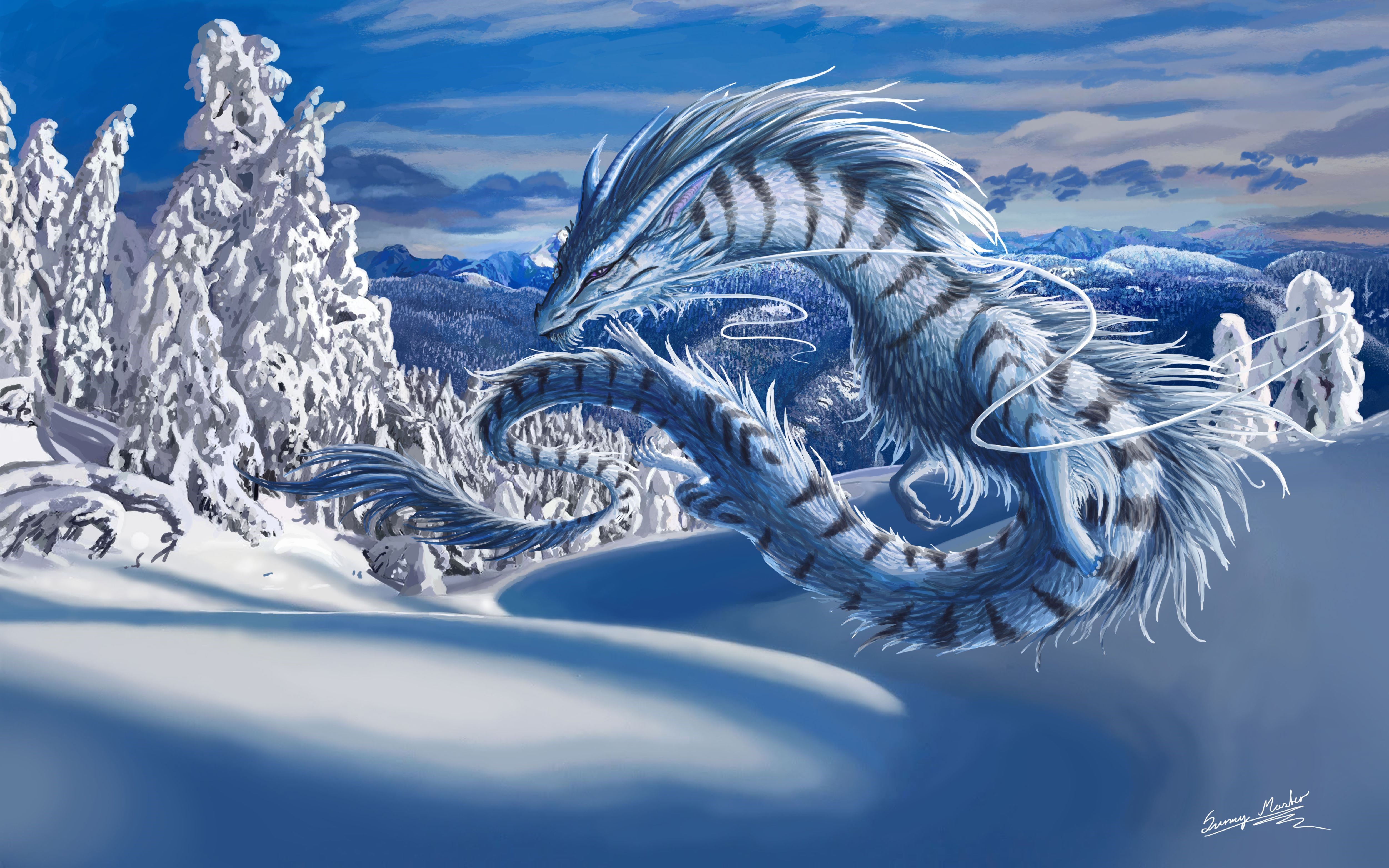 Dragon in a Snowy Mountain Landscape HD Wallpaper