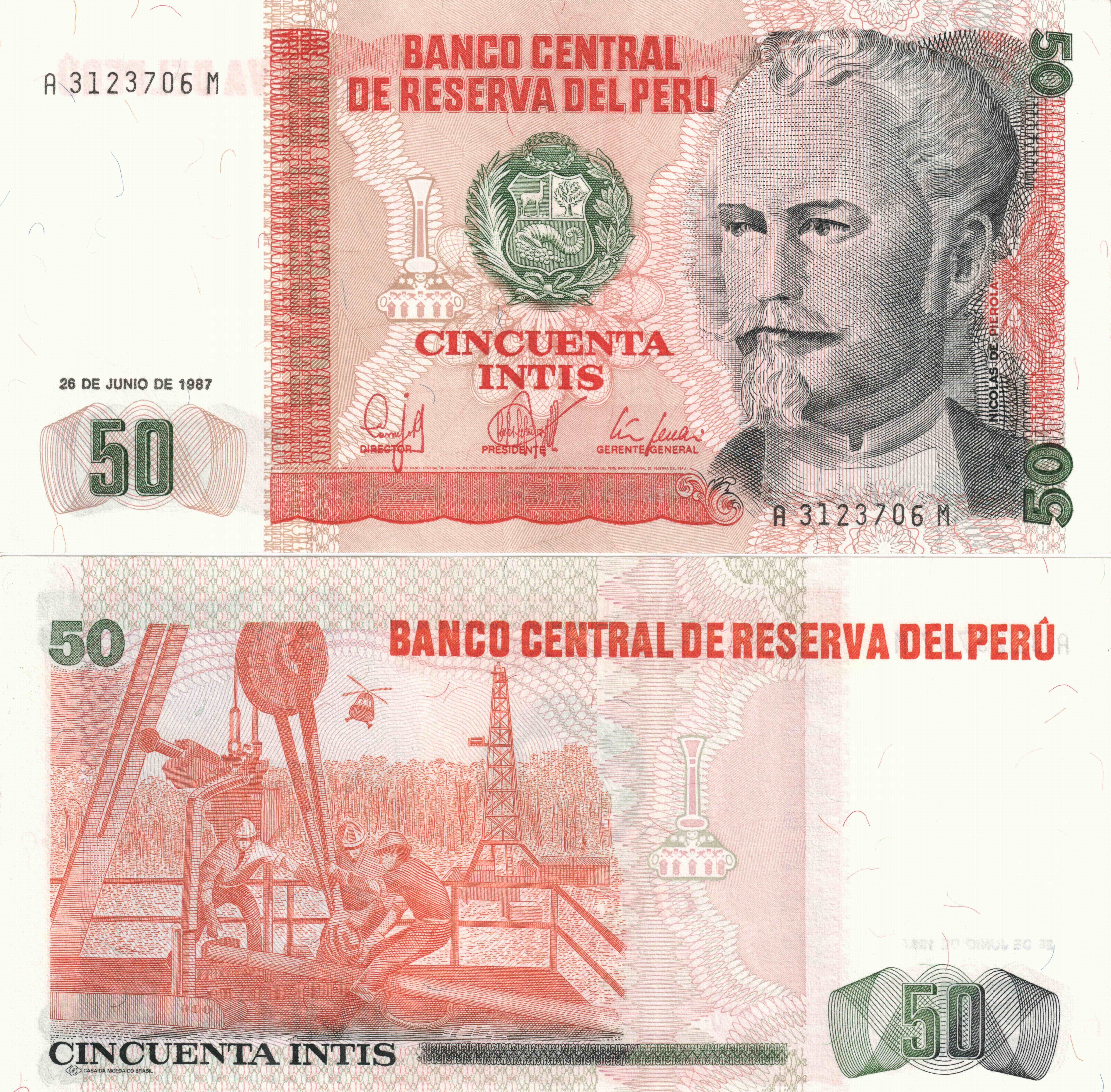 Peruvian 50 Intis banknote featuring Nicolas de Pierola HD Wallpaper