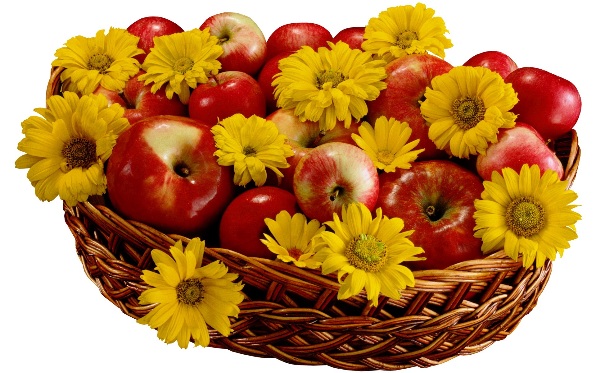 Basket of red apples and yellow flowers HD Wallpaper