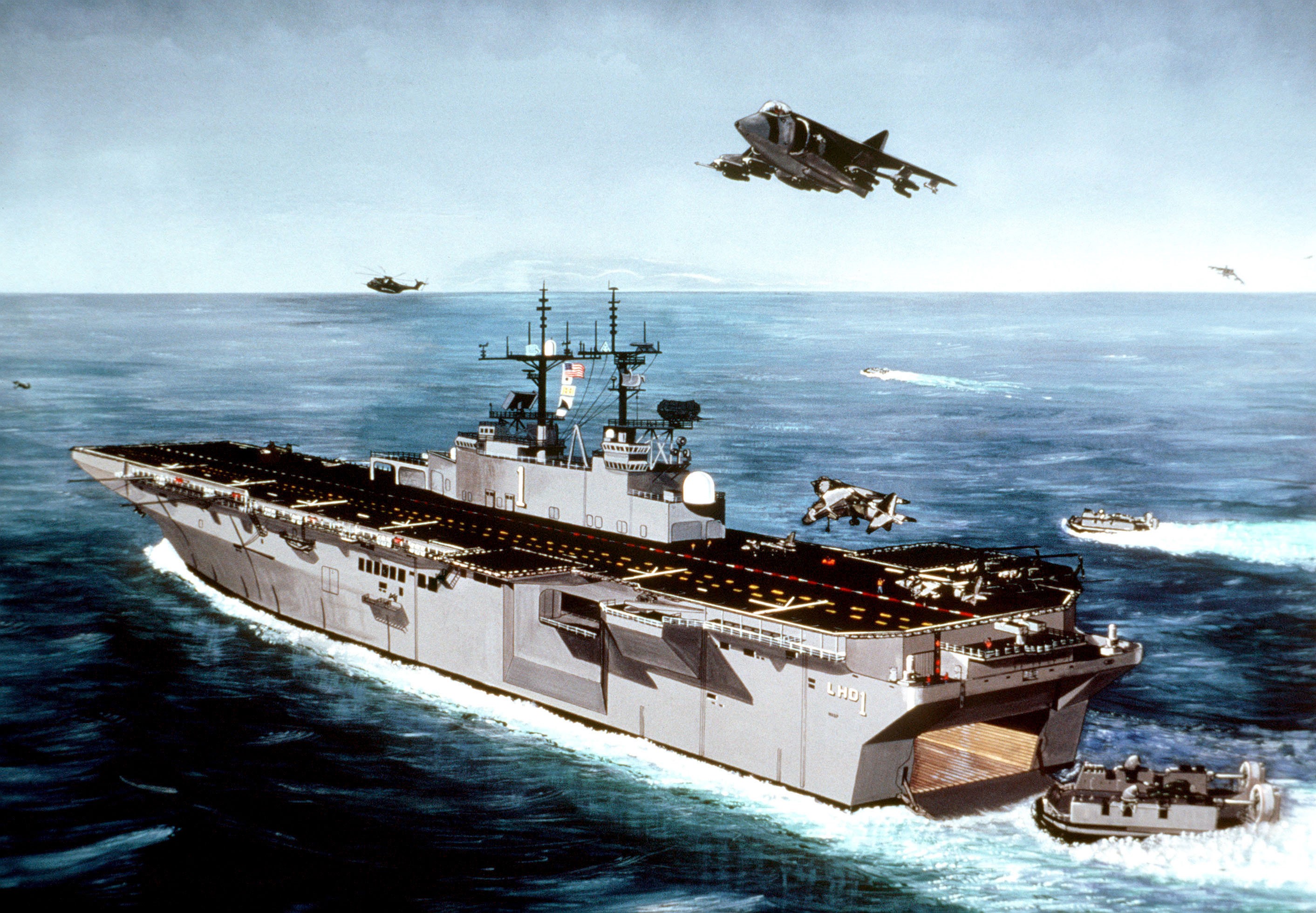 Amphibious Assault Ship with Aircraft and Hovercraft HD Wallpaper