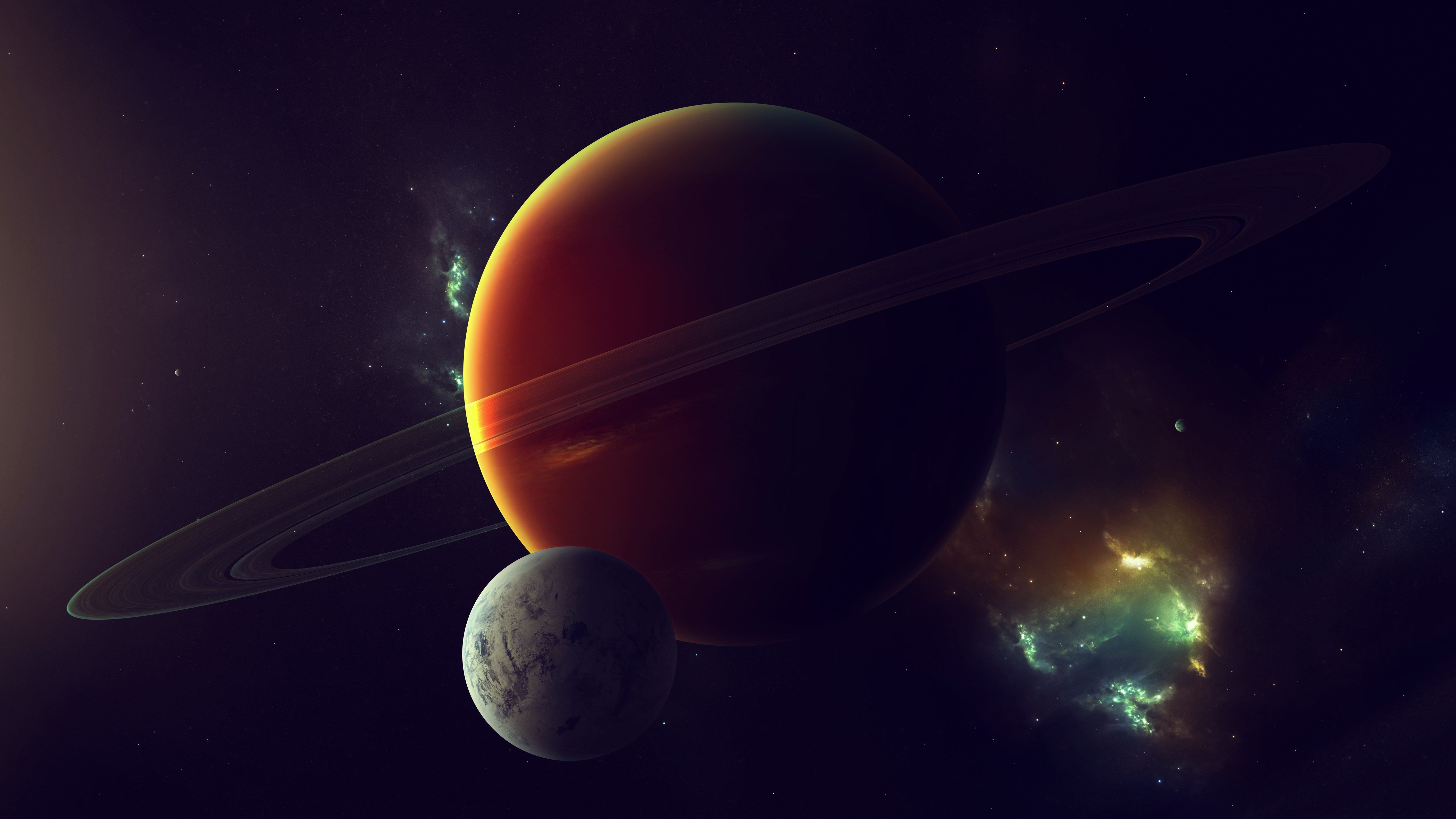 Ringed Planet and Moon in Space HD Wallpaper