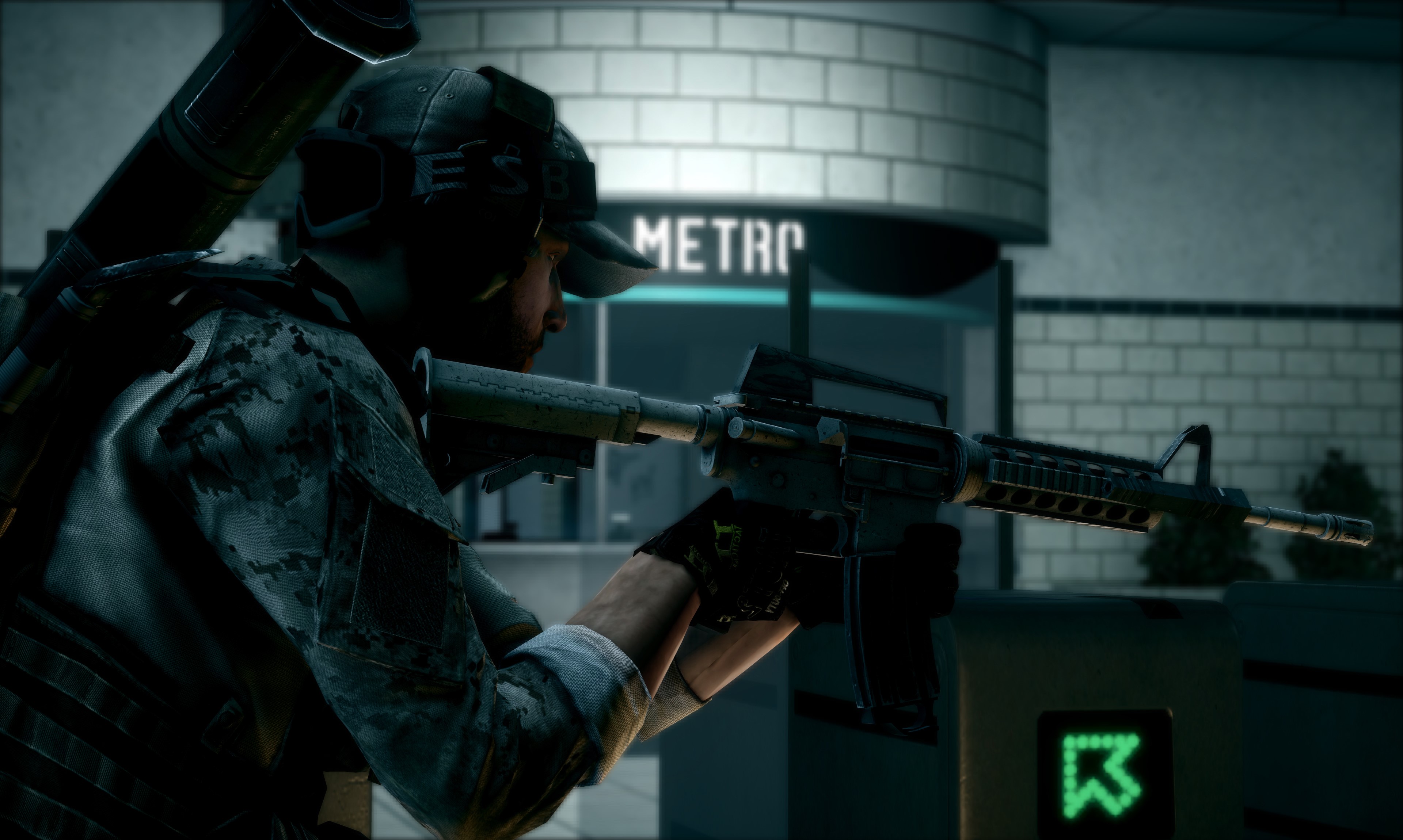 Soldier aiming rifle in front of Metro station HD Wallpaper