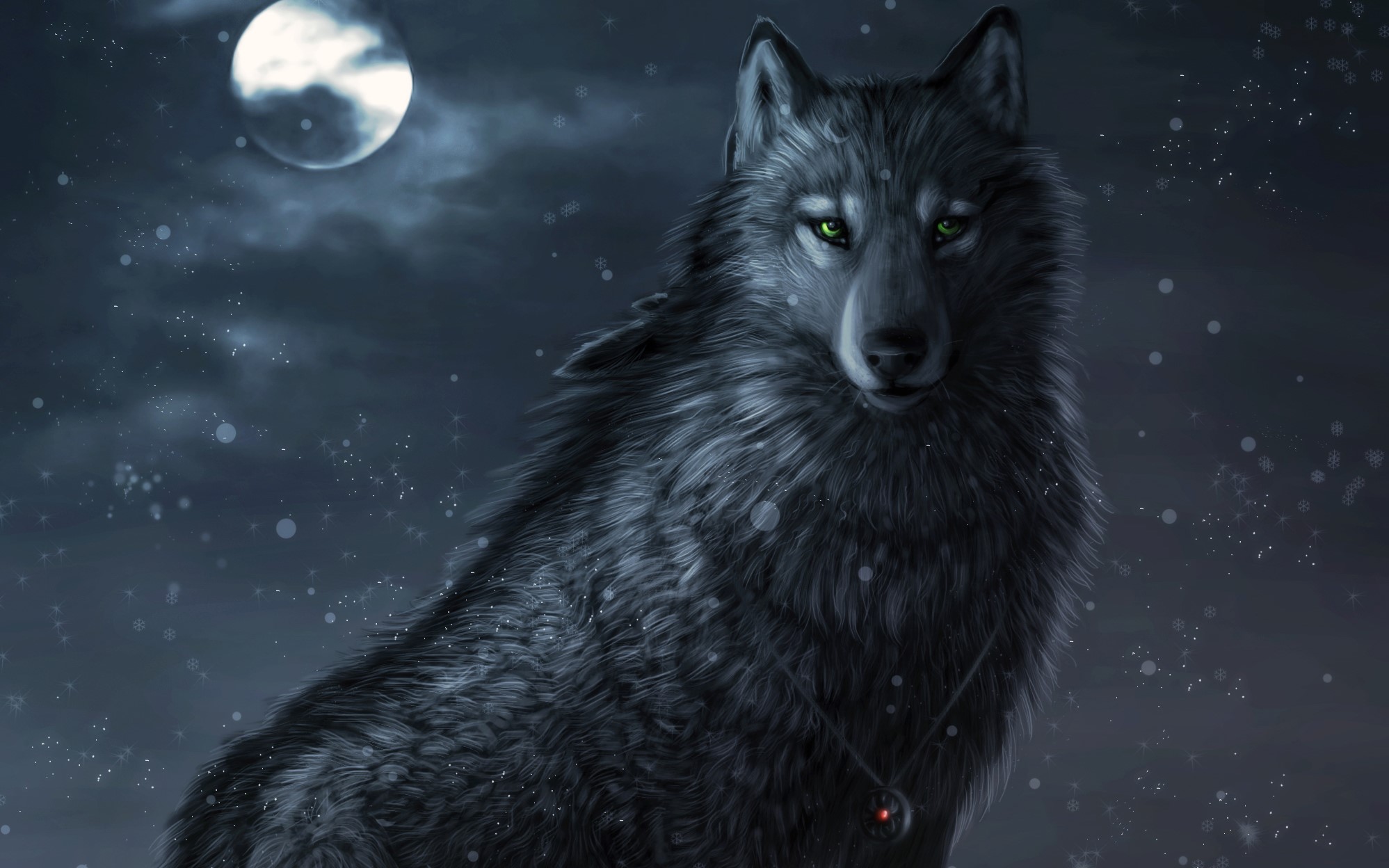 A black wolf with green eyes under the moon HD Wallpaper