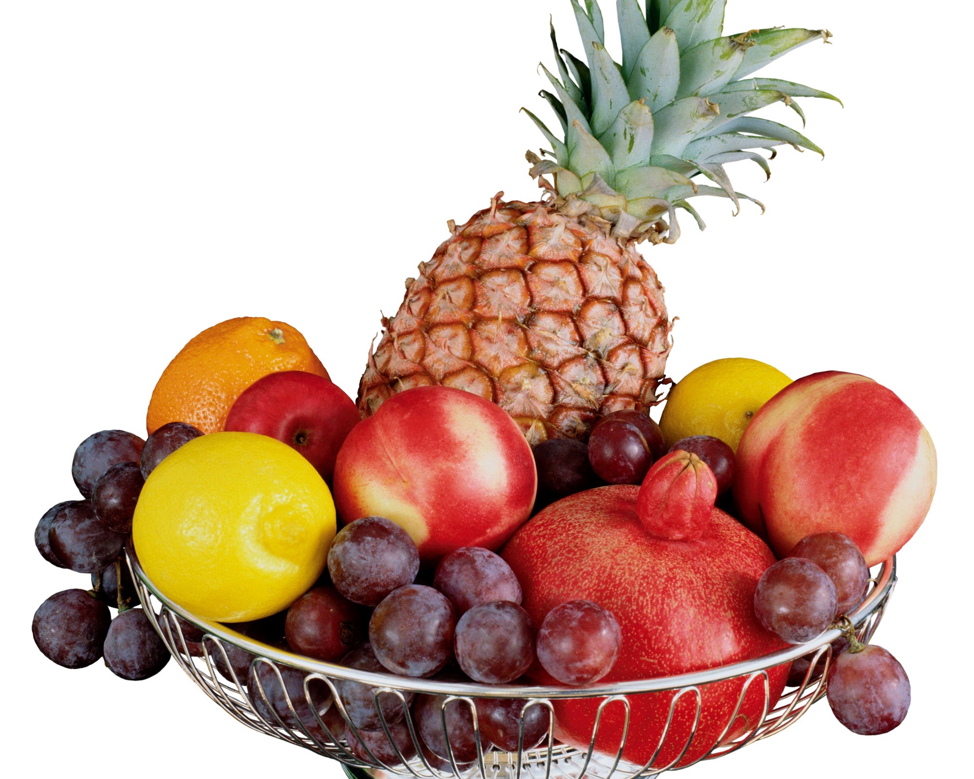 Fruit basket with pineapple, oranges, apples, lemons, grapes, plums, and pomegranate HD Wallpaper
