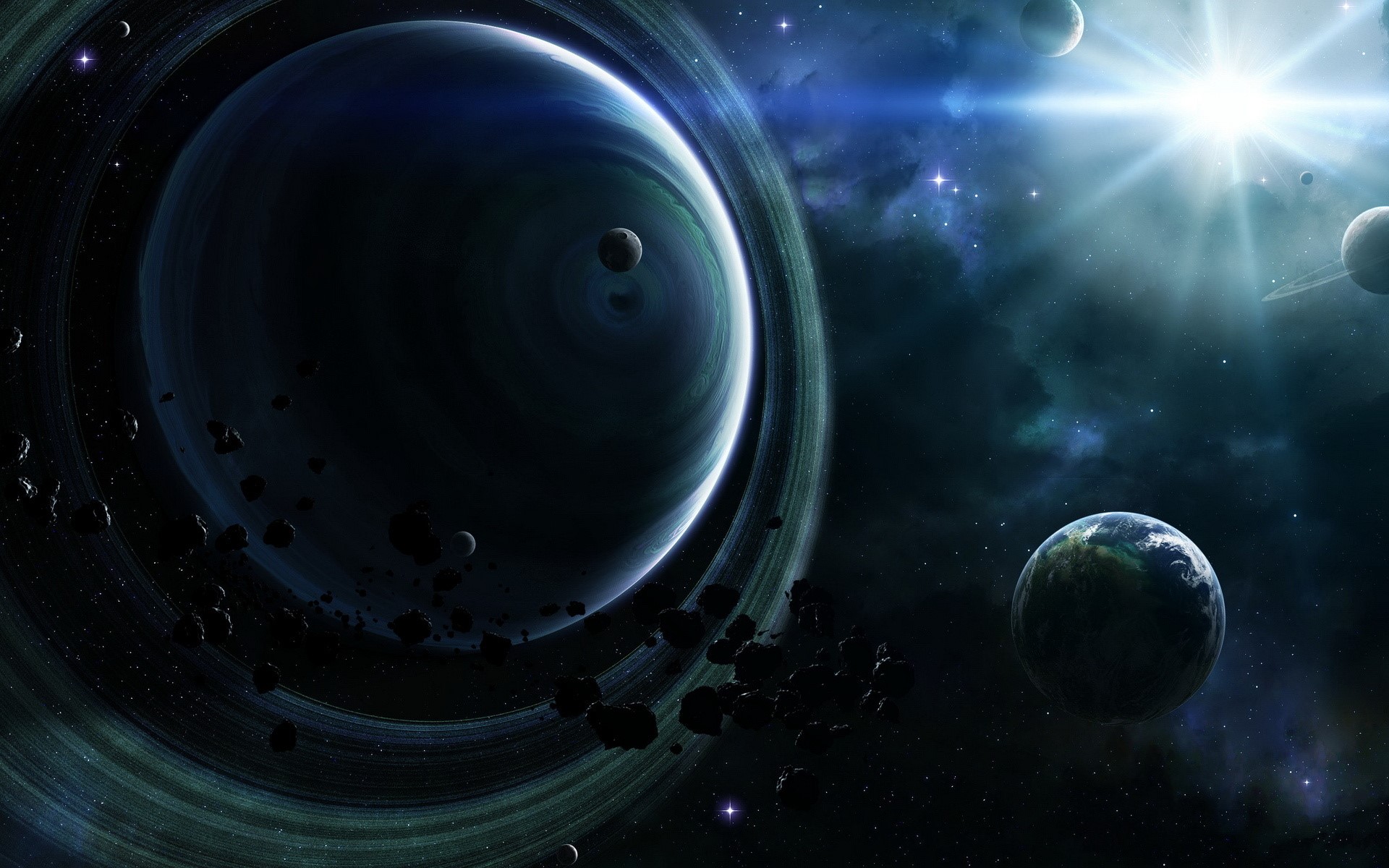 Planets and stars in deep space with a bright sun HD Wallpaper