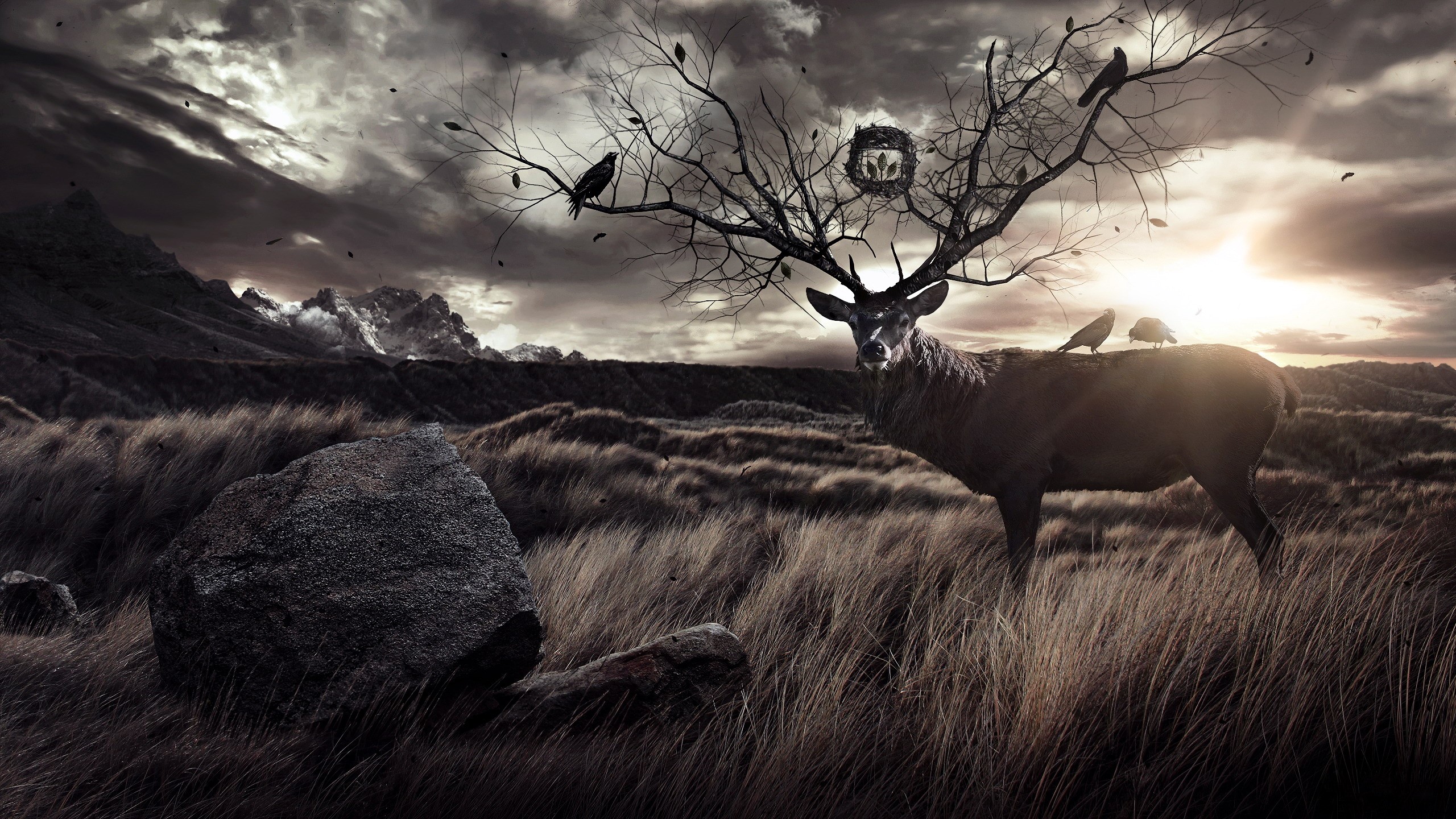 Deer with tree antlers and birds in a moody landscape HD Wallpaper