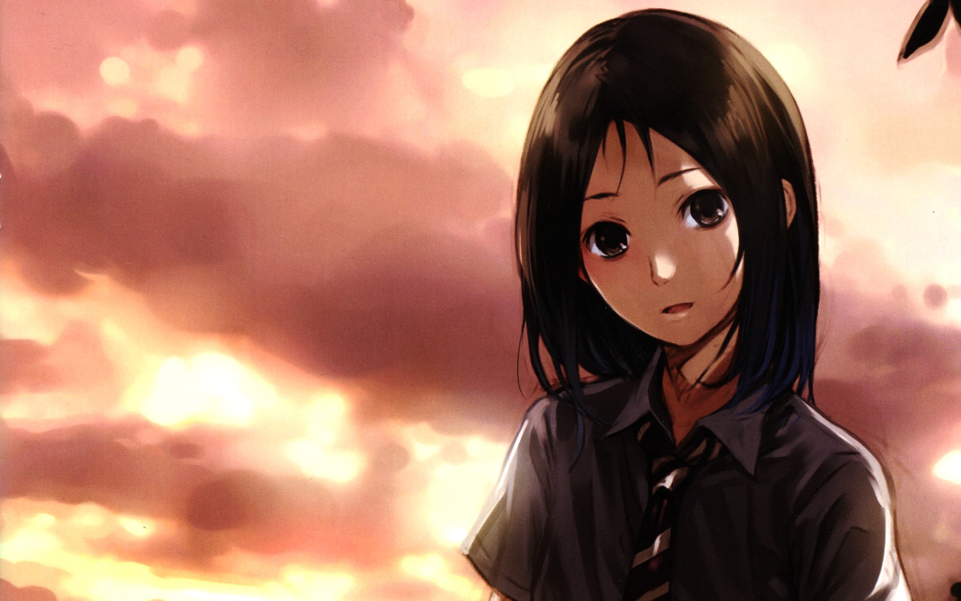 Girl in school uniform against a sunset sky HD Wallpaper