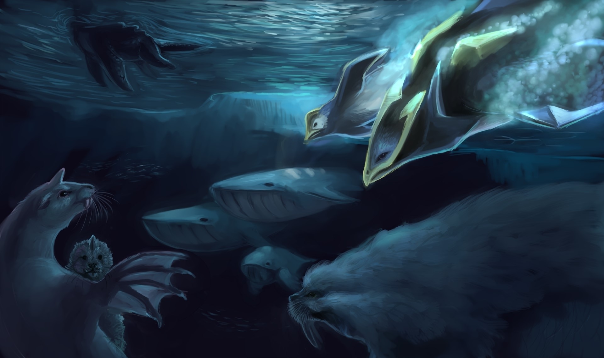 Underwater scene with whales, seals, and mythical creatures HD Wallpaper