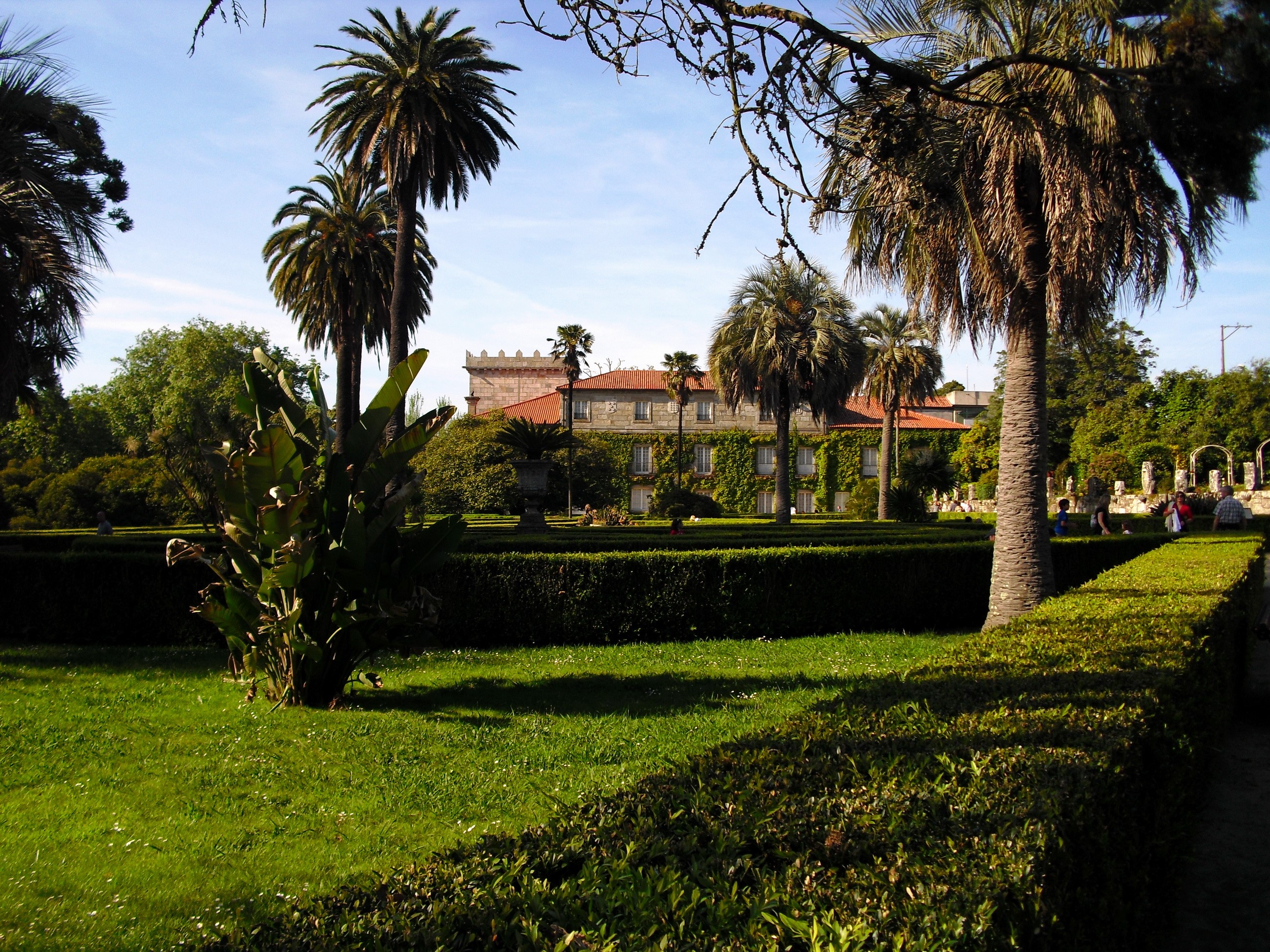 Gardens with palm trees and a building HD Wallpaper