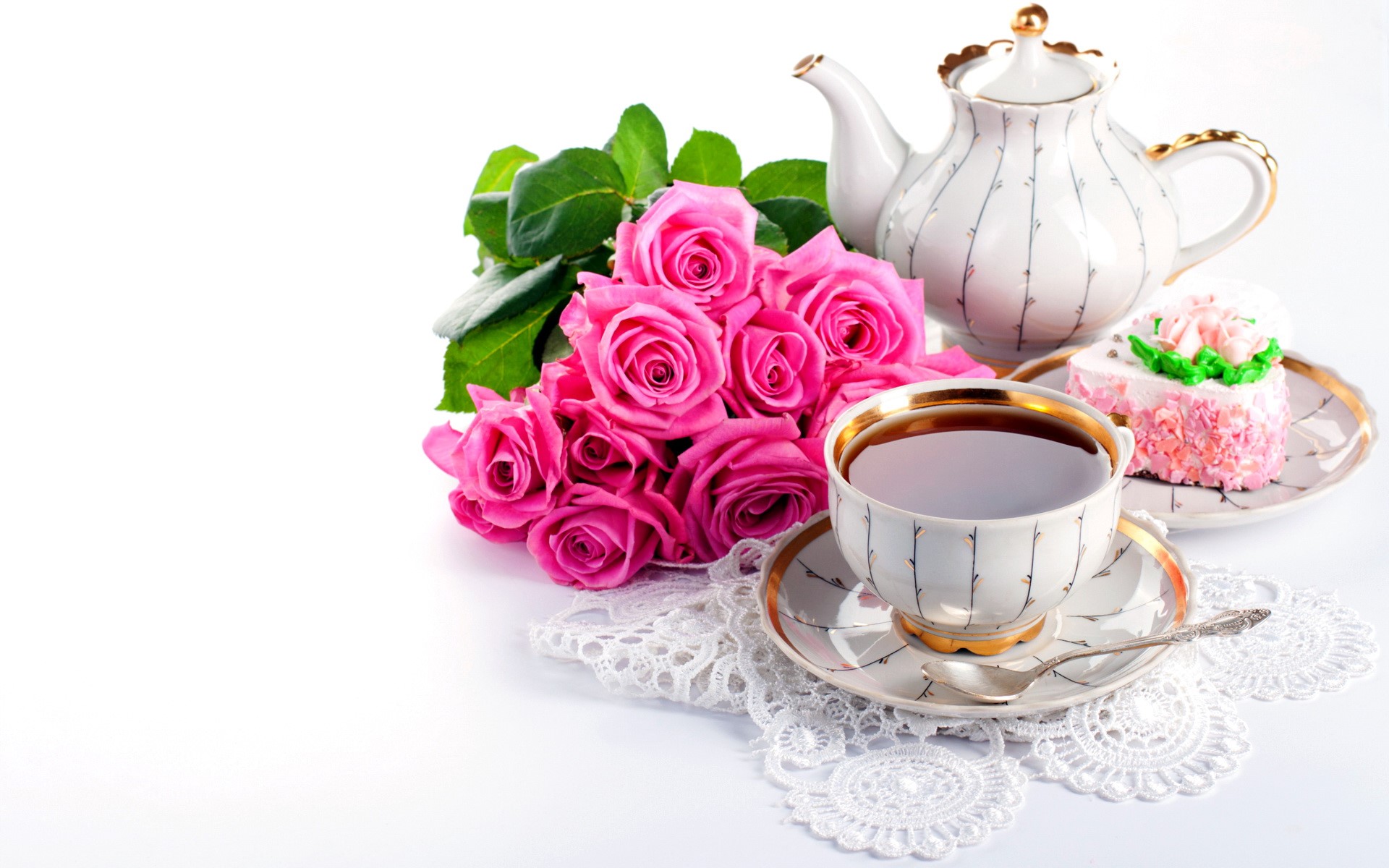 Tea set with pink roses and cake HD Wallpaper
