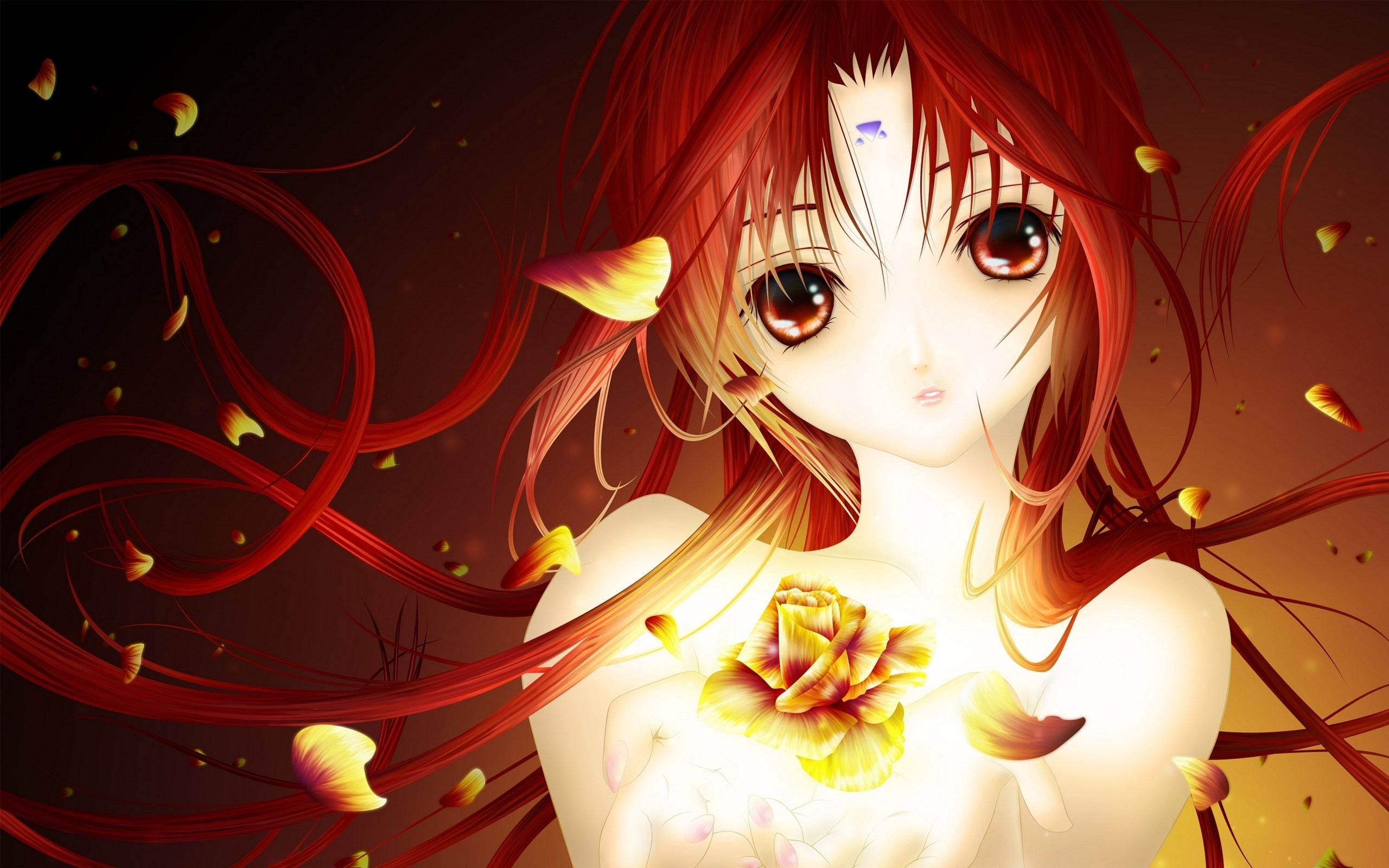 Anime girl with red hair holding a glowing flower HD Wallpaper