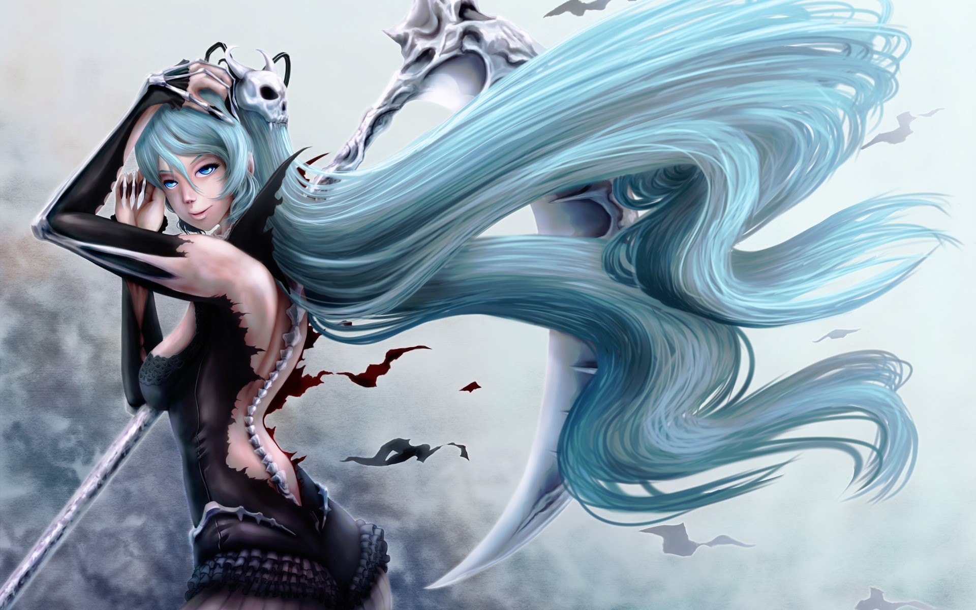Girl with blue hair and scythe HD Wallpaper