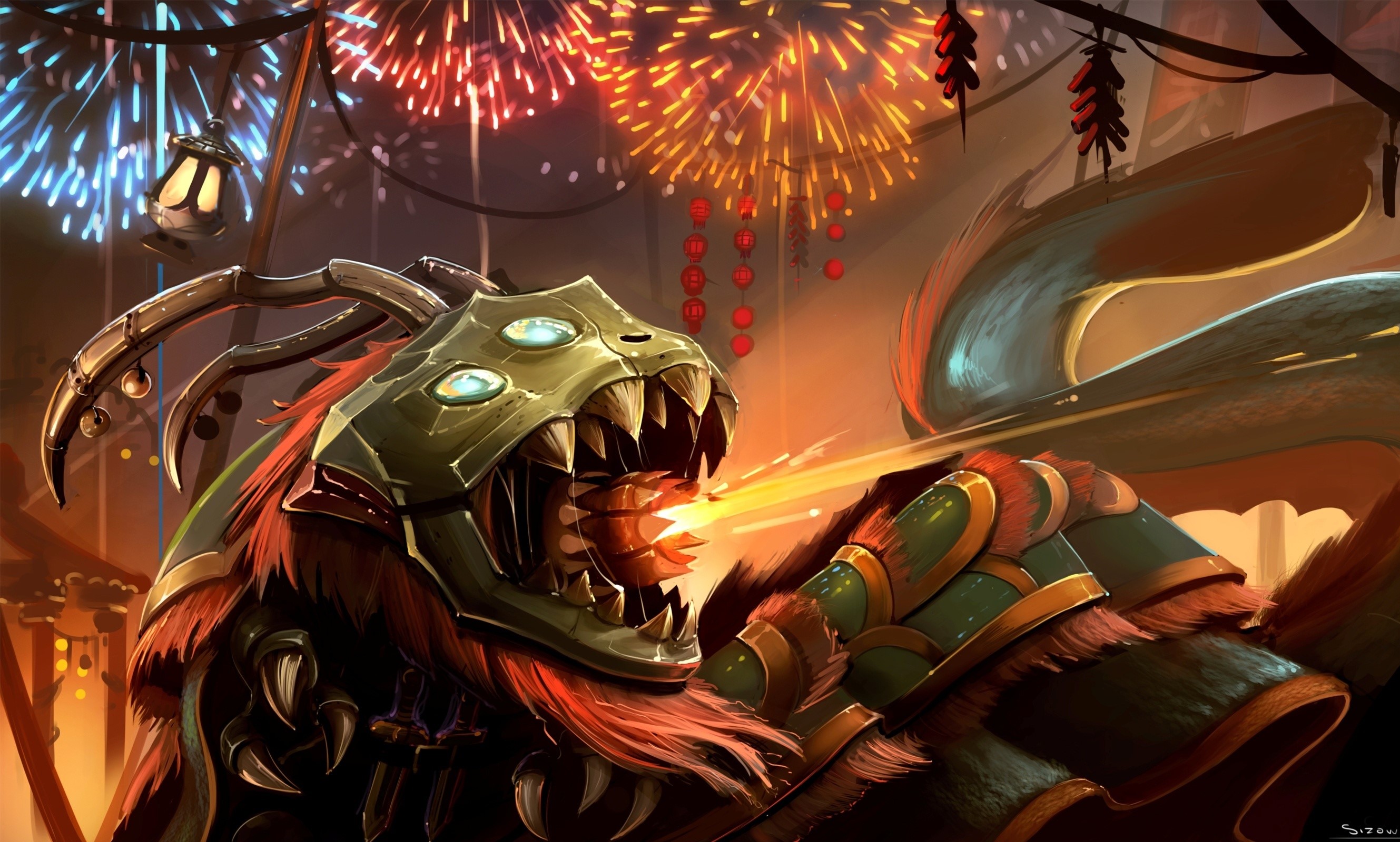 Monster breathing fire with fireworks in the background HD Wallpaper