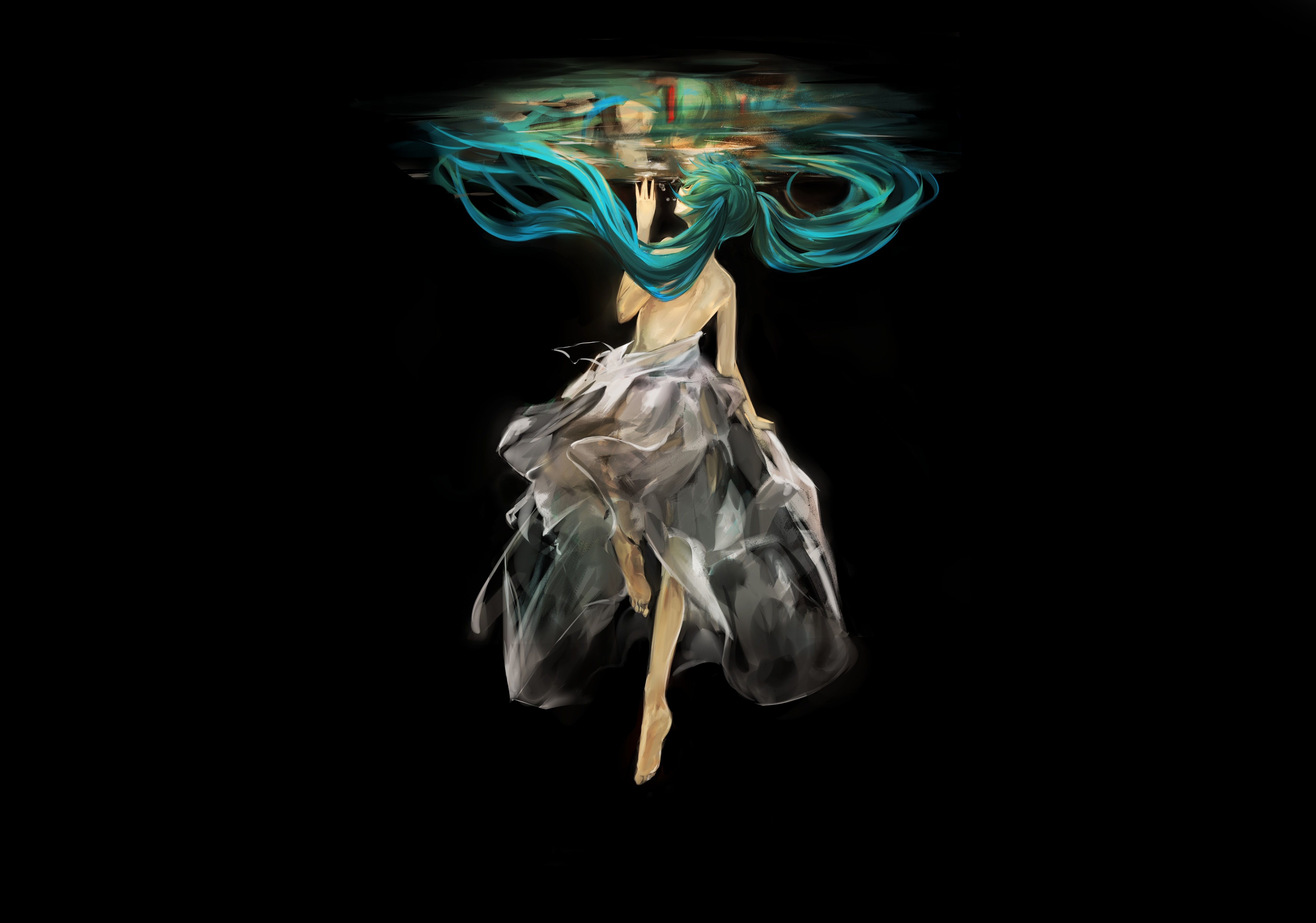 Hatsune Miku underwater with flowing dress HD Wallpaper