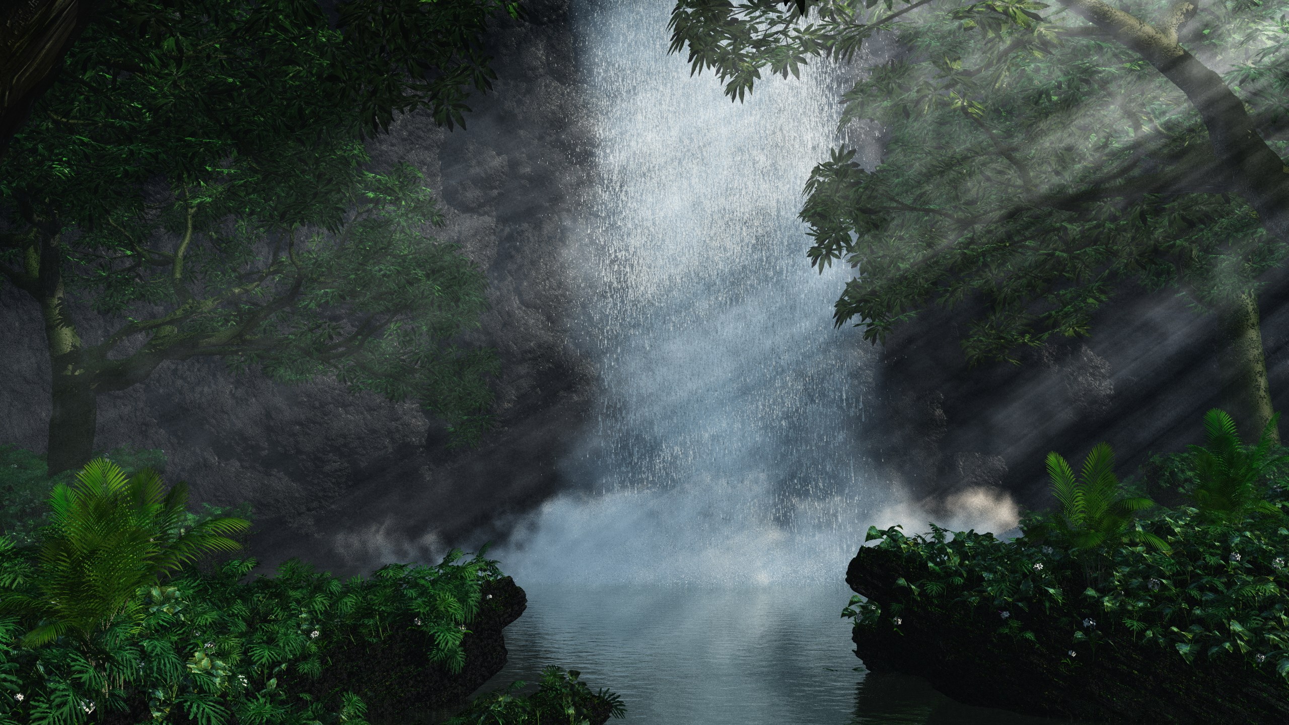 Waterfall in a dense jungle with sunbeams HD Wallpaper