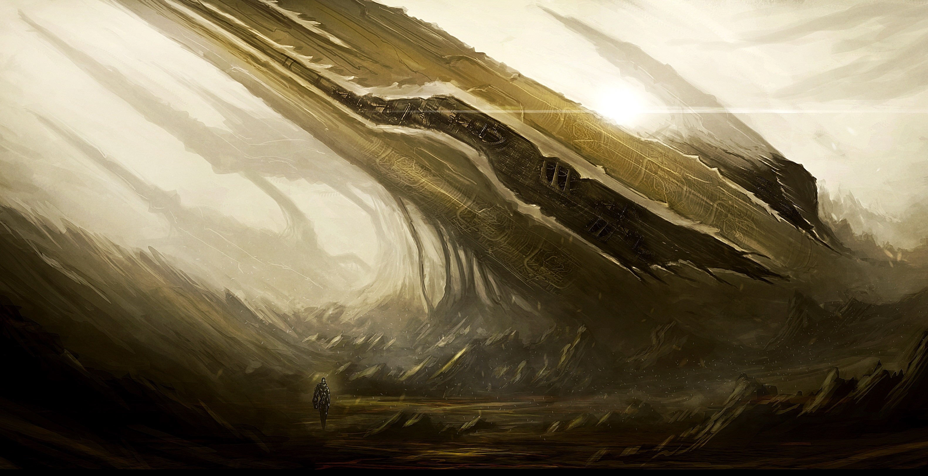 Alien landscape with a lone figure HD Wallpaper