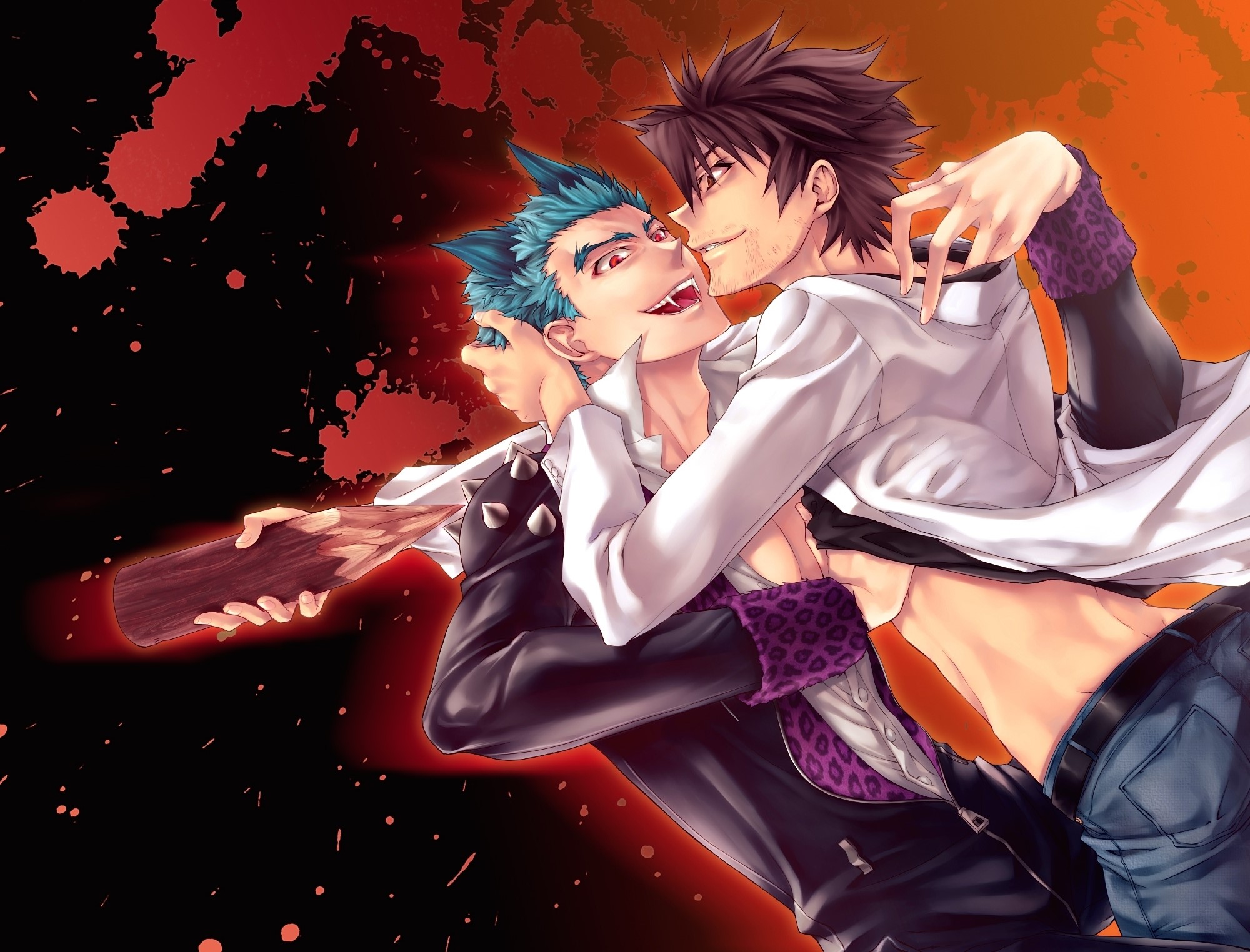 Two men embracing, one holding a wooden weapon HD Wallpaper