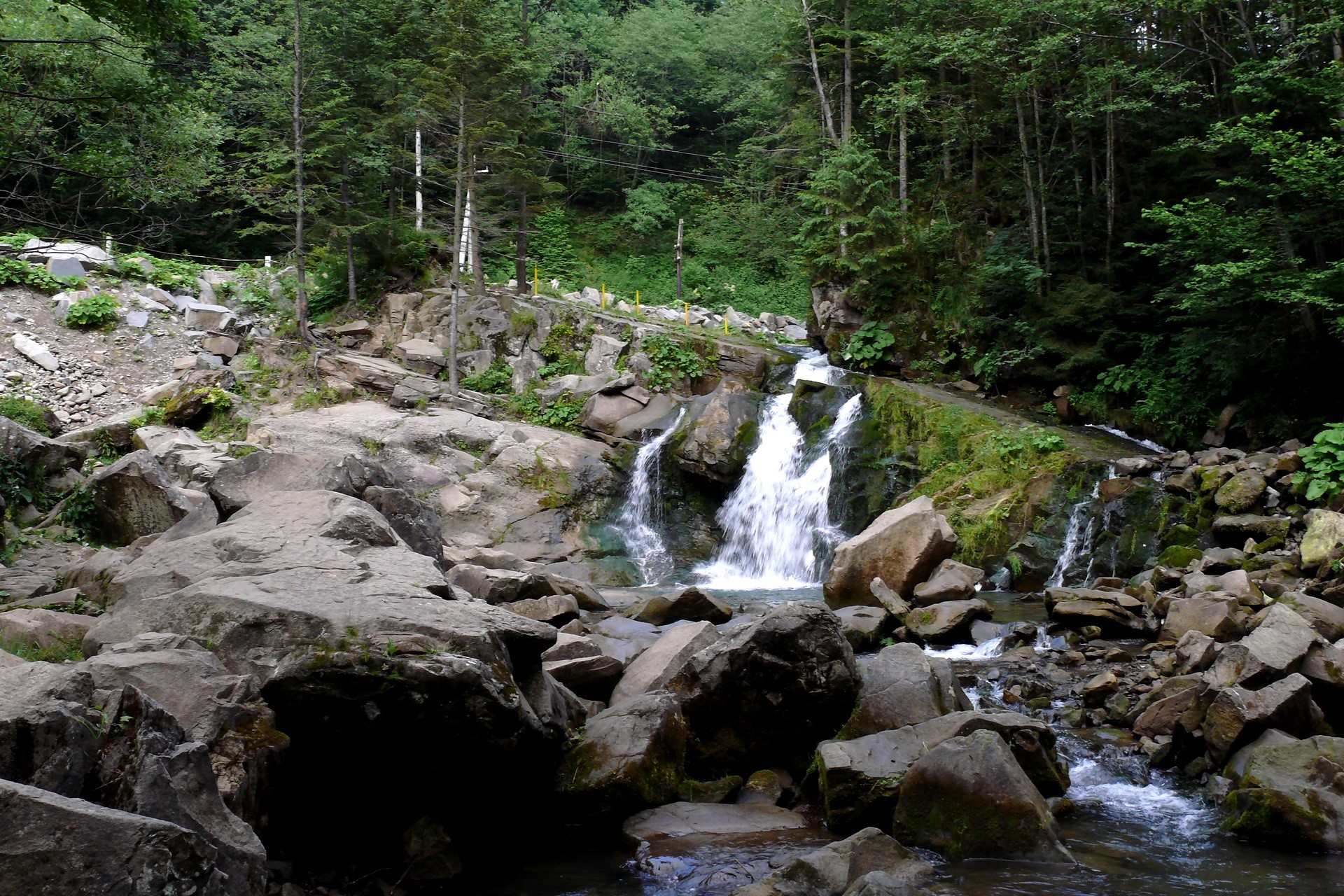Waterfalls cascading over rocks in a forest HD Wallpaper