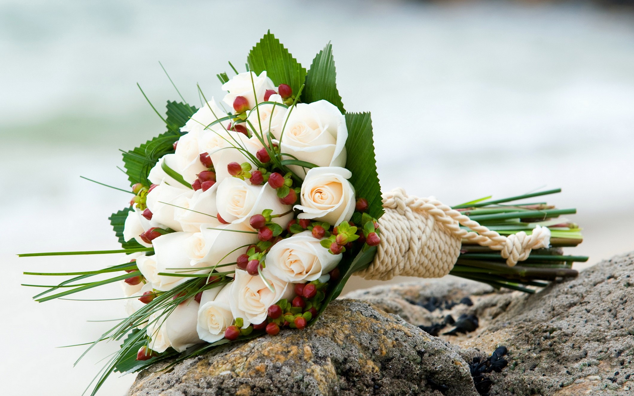 White rose bouquet with red berries on a rock HD Wallpaper