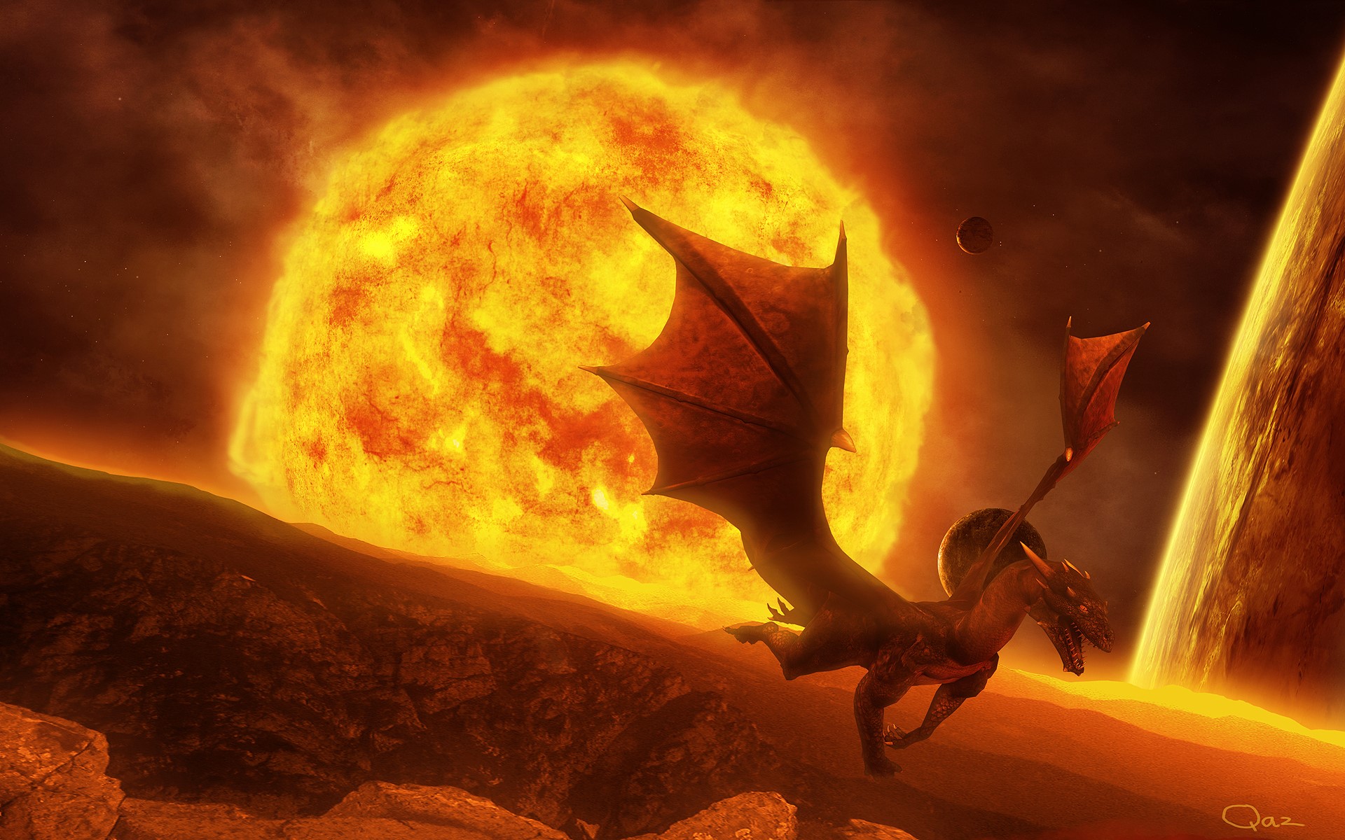 Dragon flying near a large sun HD Wallpaper