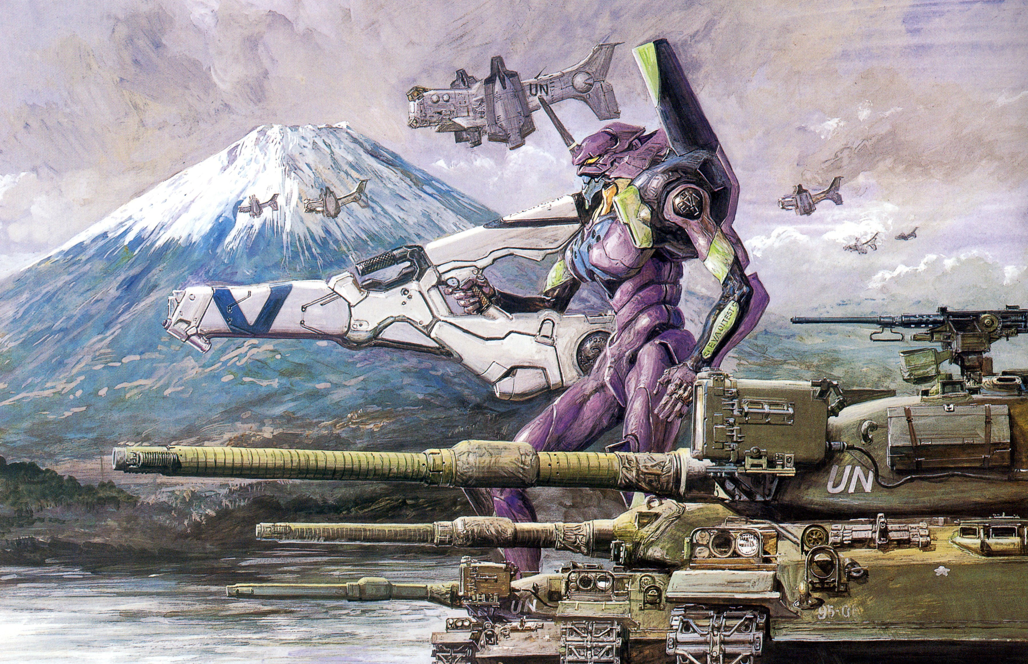 Evangelion Unit-01 with tanks and Mount Fuji HD Wallpaper