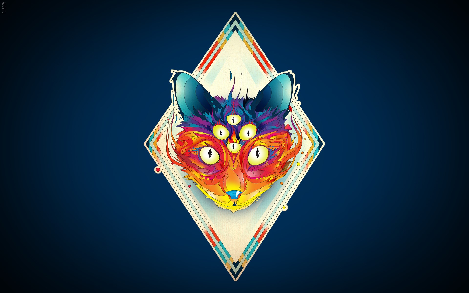 Psychedelic cat with multiple eyes in geometric frame HD Wallpaper