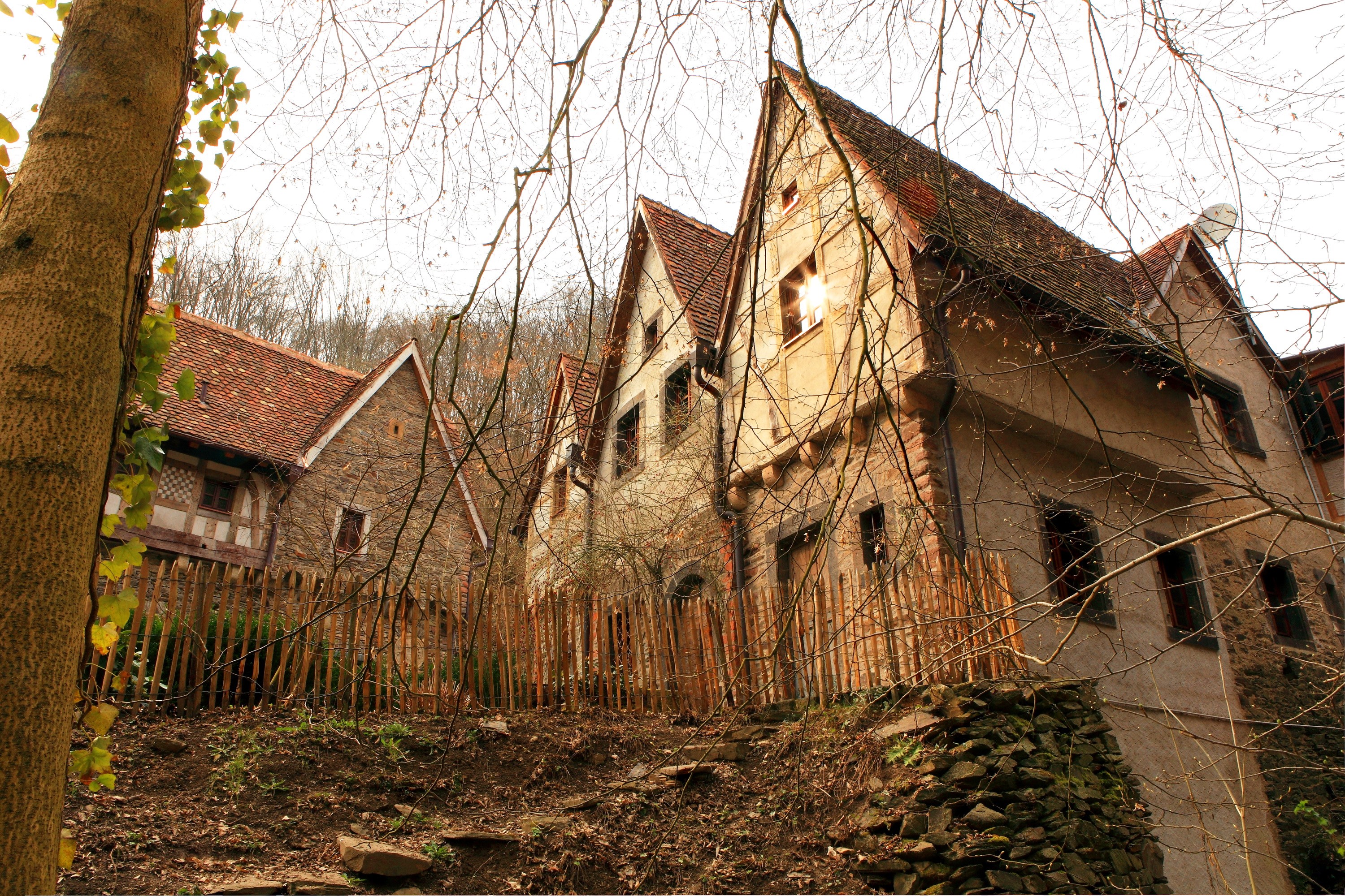 Half-timbered houses in a forest in Germany HD Wallpaper