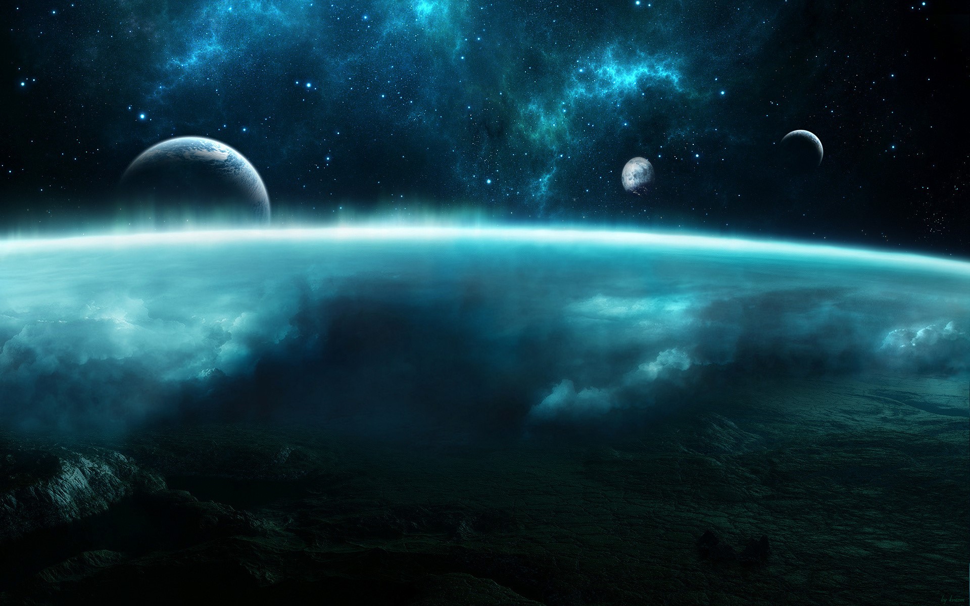 Planets and moons in a nebula HD Wallpaper