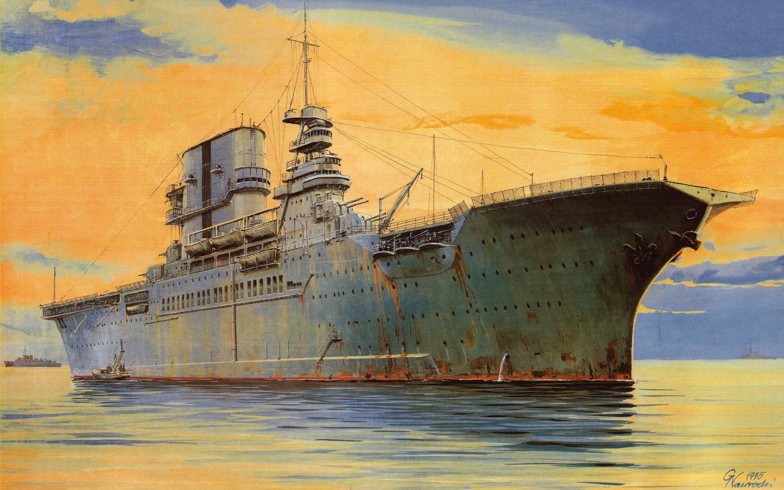 Painting of a large warship at sea during sunset HD Wallpaper