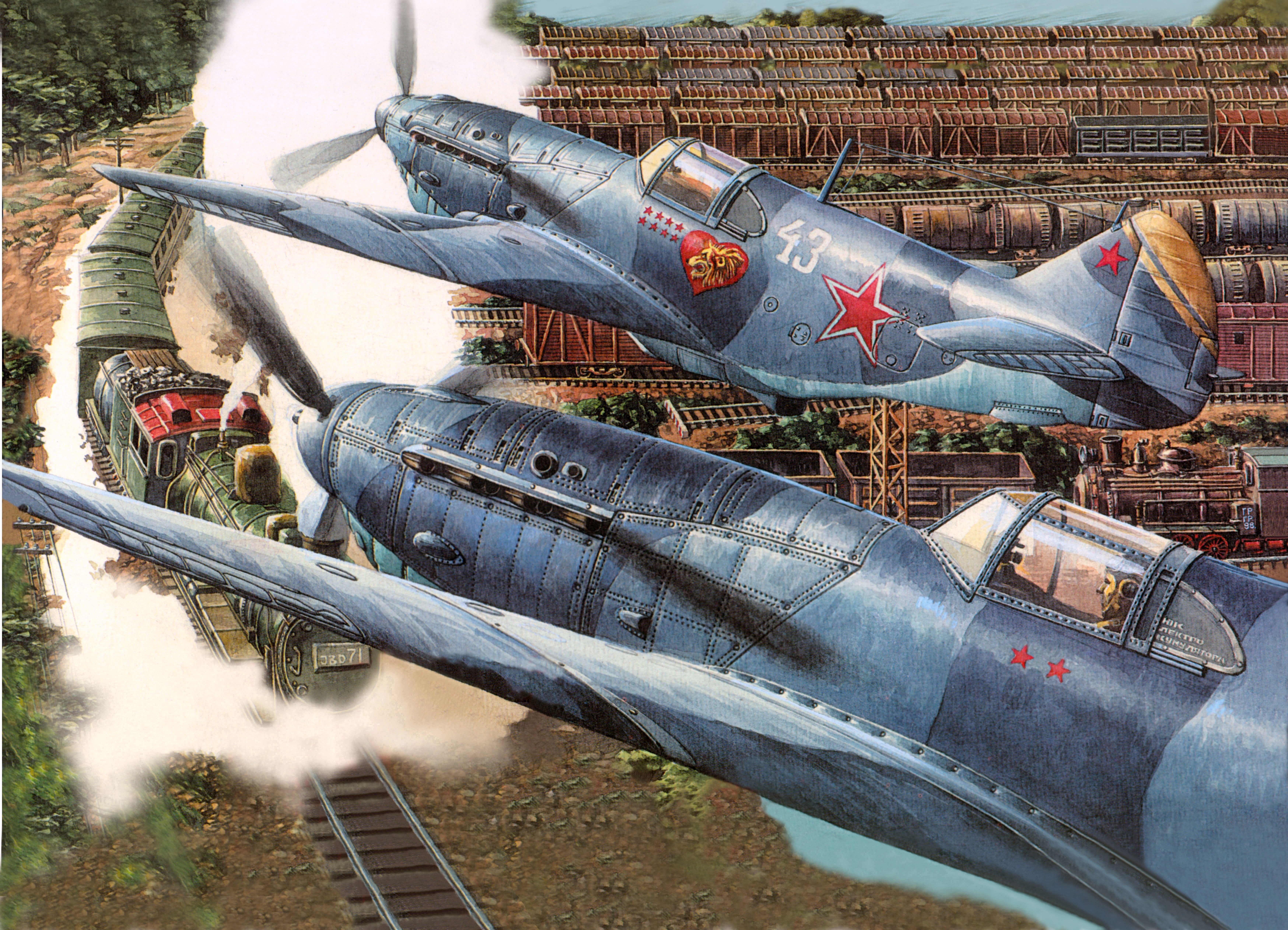Two Soviet fighter planes flying over trains HD Wallpaper