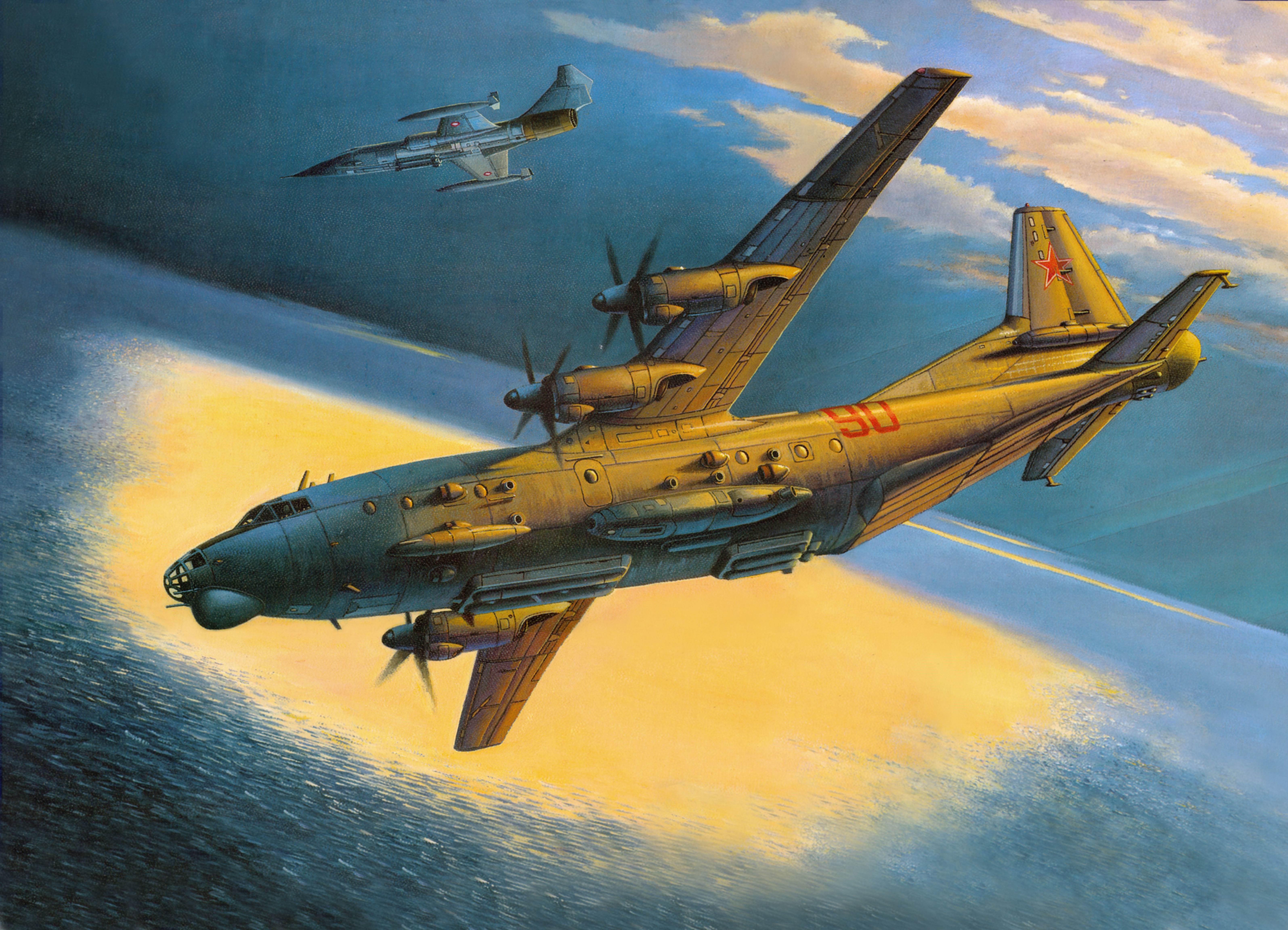Painting of a bomber aircraft and a fighter jet HD Wallpaper
