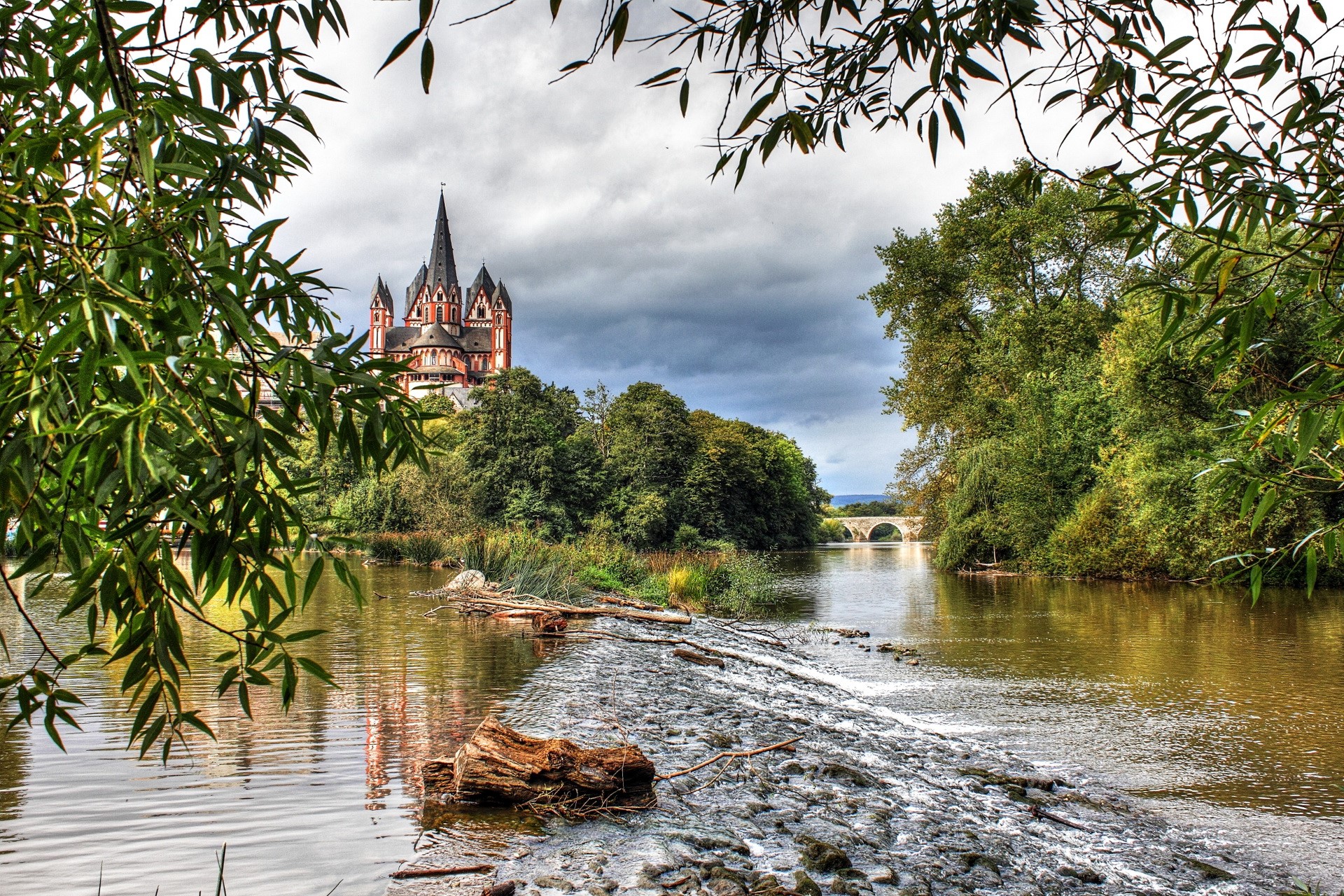 River with Cathedral and Bridge HD Wallpaper