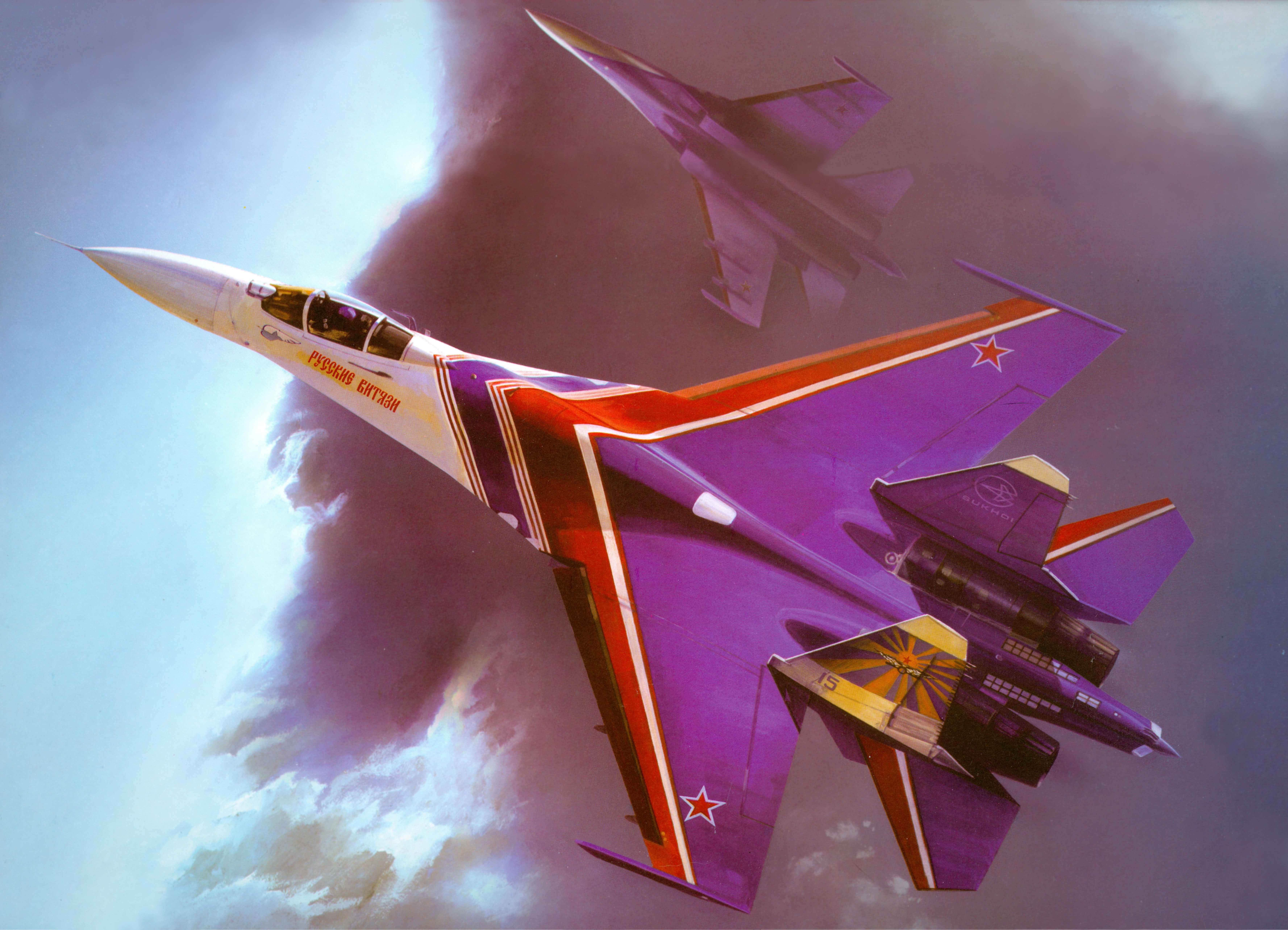 Two Russian Knights Sukhoi Su-27 fighter jets in flight HD Wallpaper