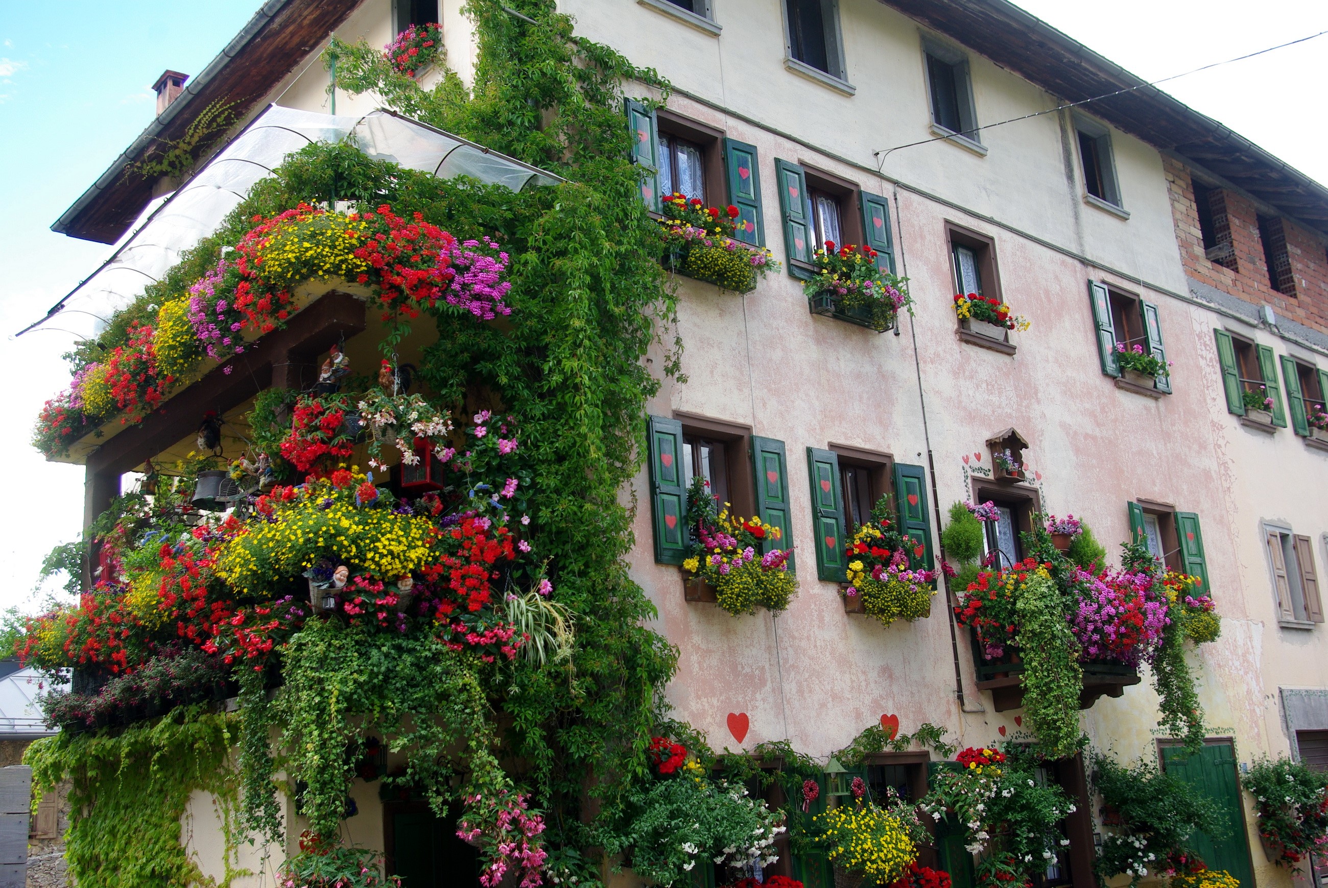House decorated with abundant flowers in Italy HD Wallpaper