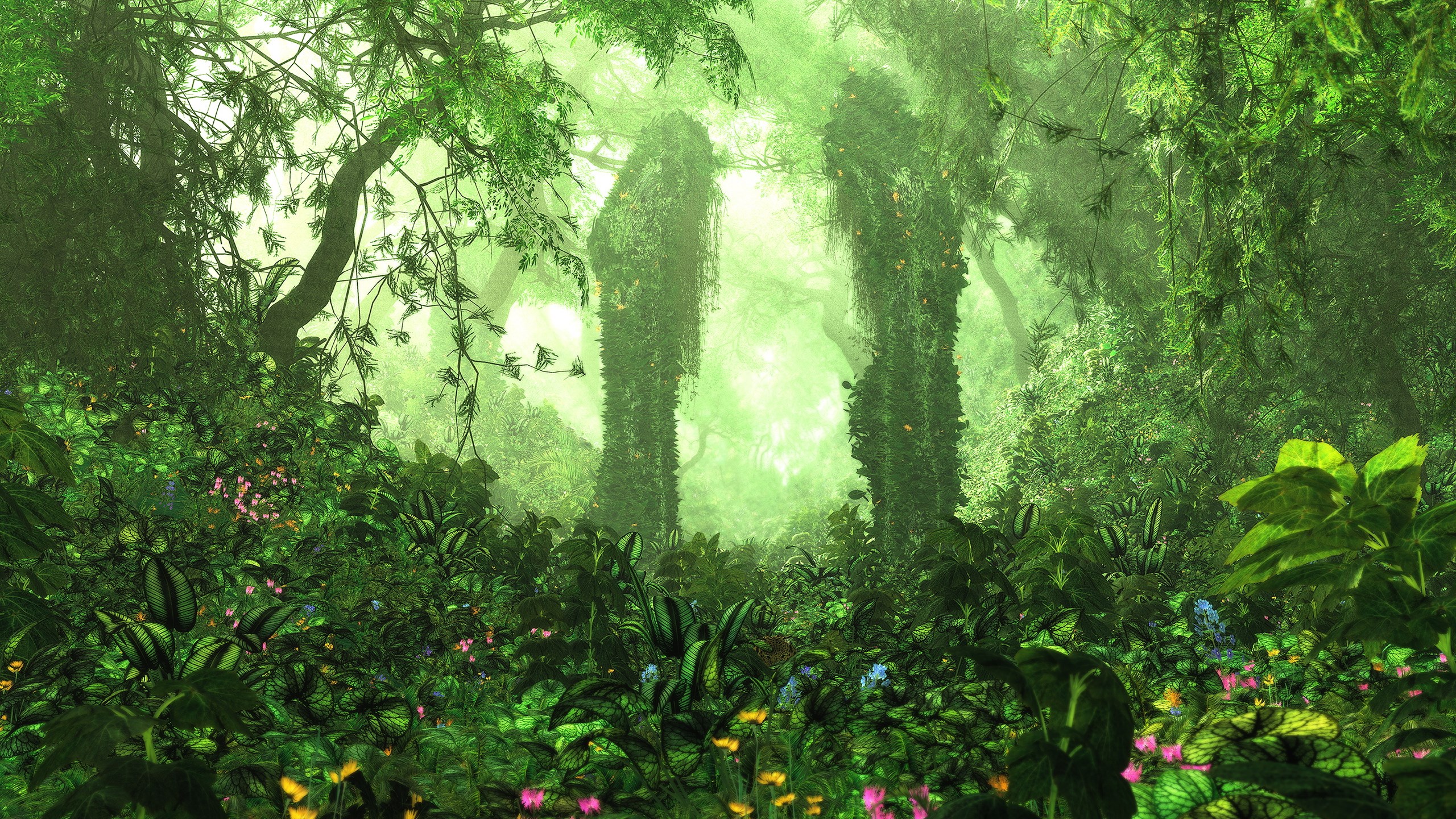 Mystical forest with ancient stone pillars HD Wallpaper