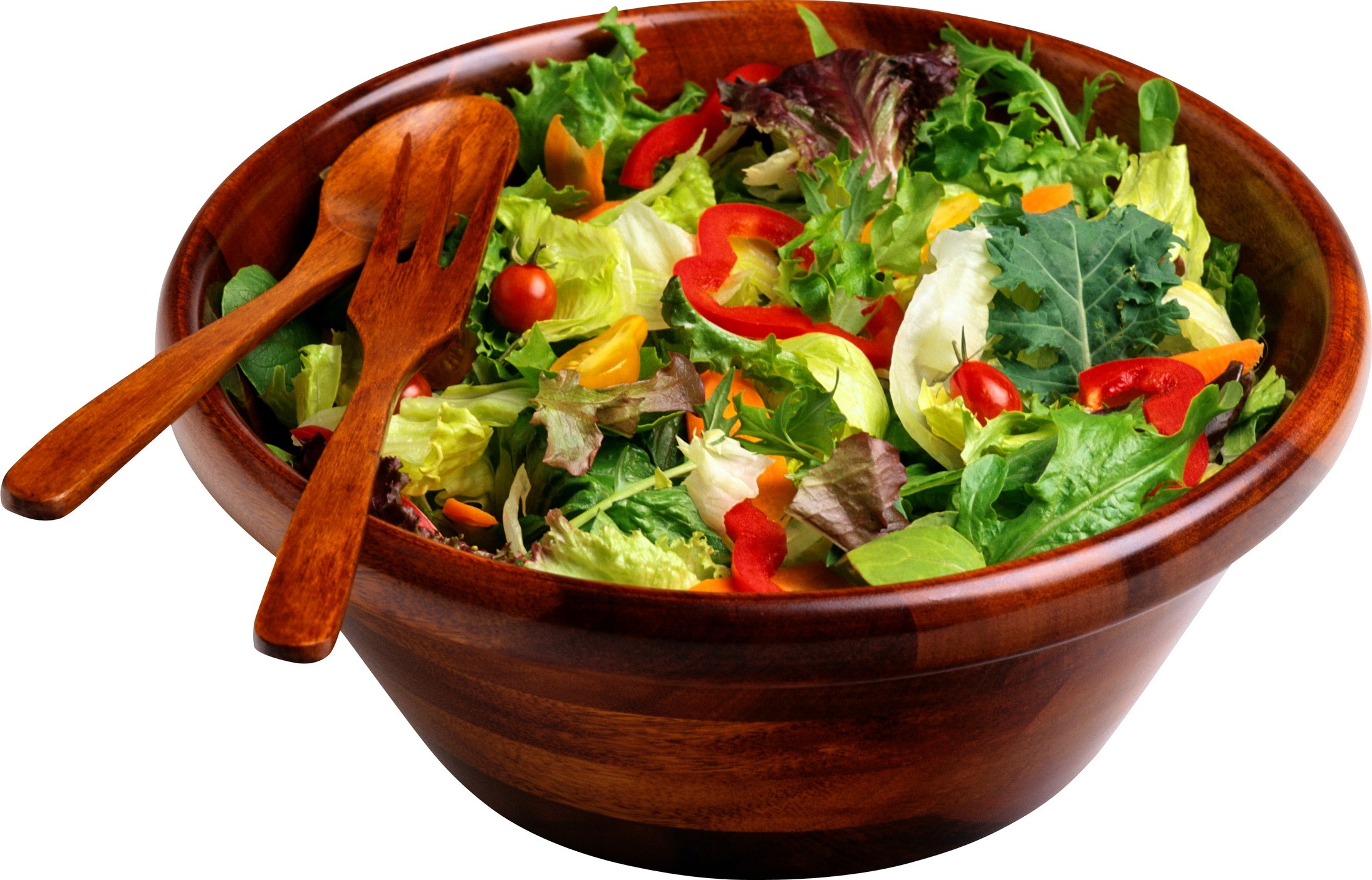 Salad in a wooden bowl with serving utensils HD Wallpaper