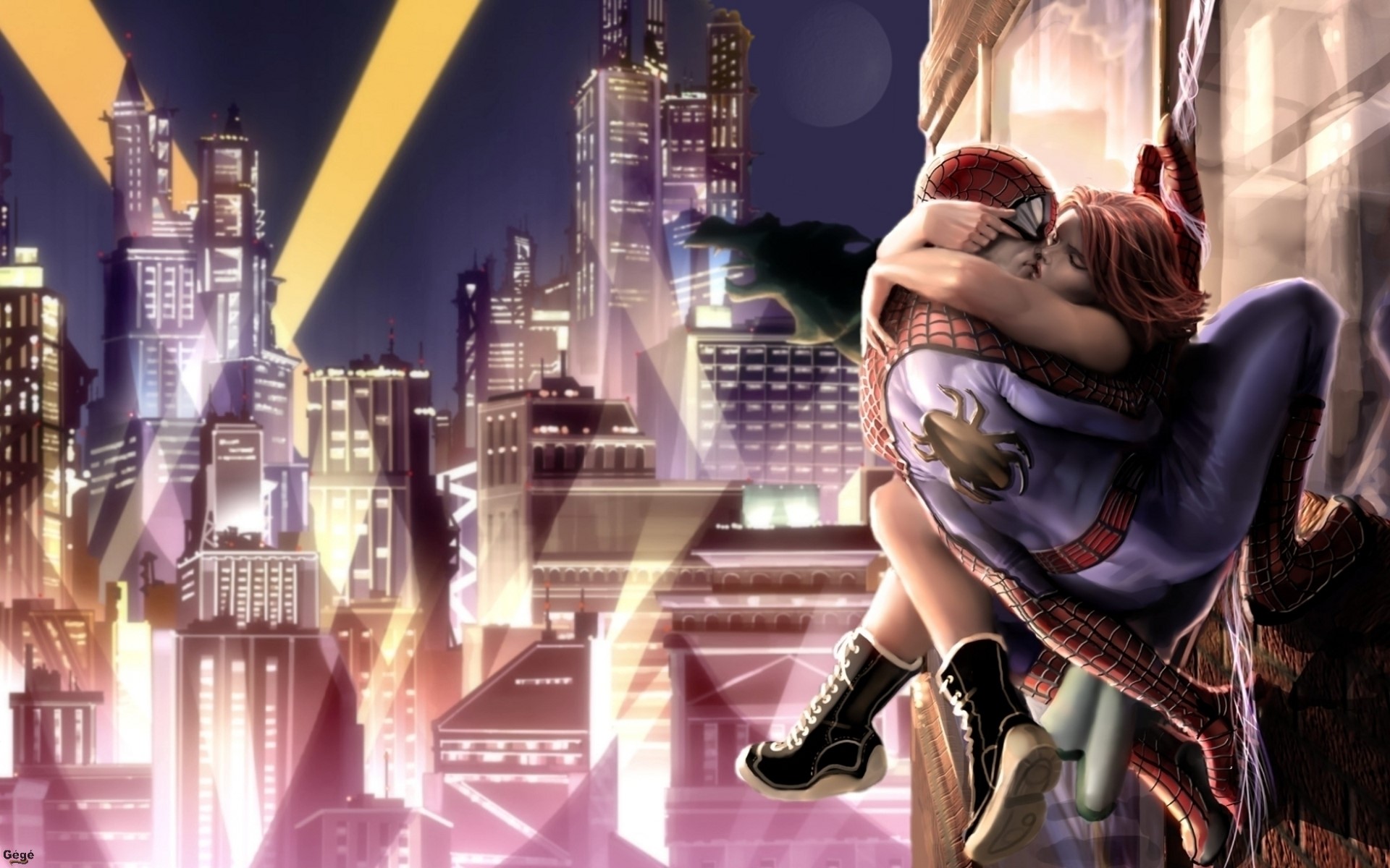 Spider-Man and Mary Jane kissing on a building HD Wallpaper