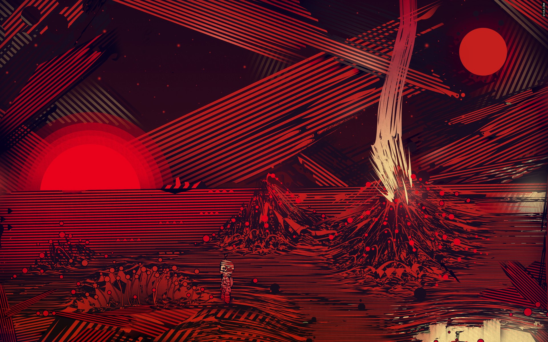 Abstract red landscape with two suns and a falling object HD Wallpaper