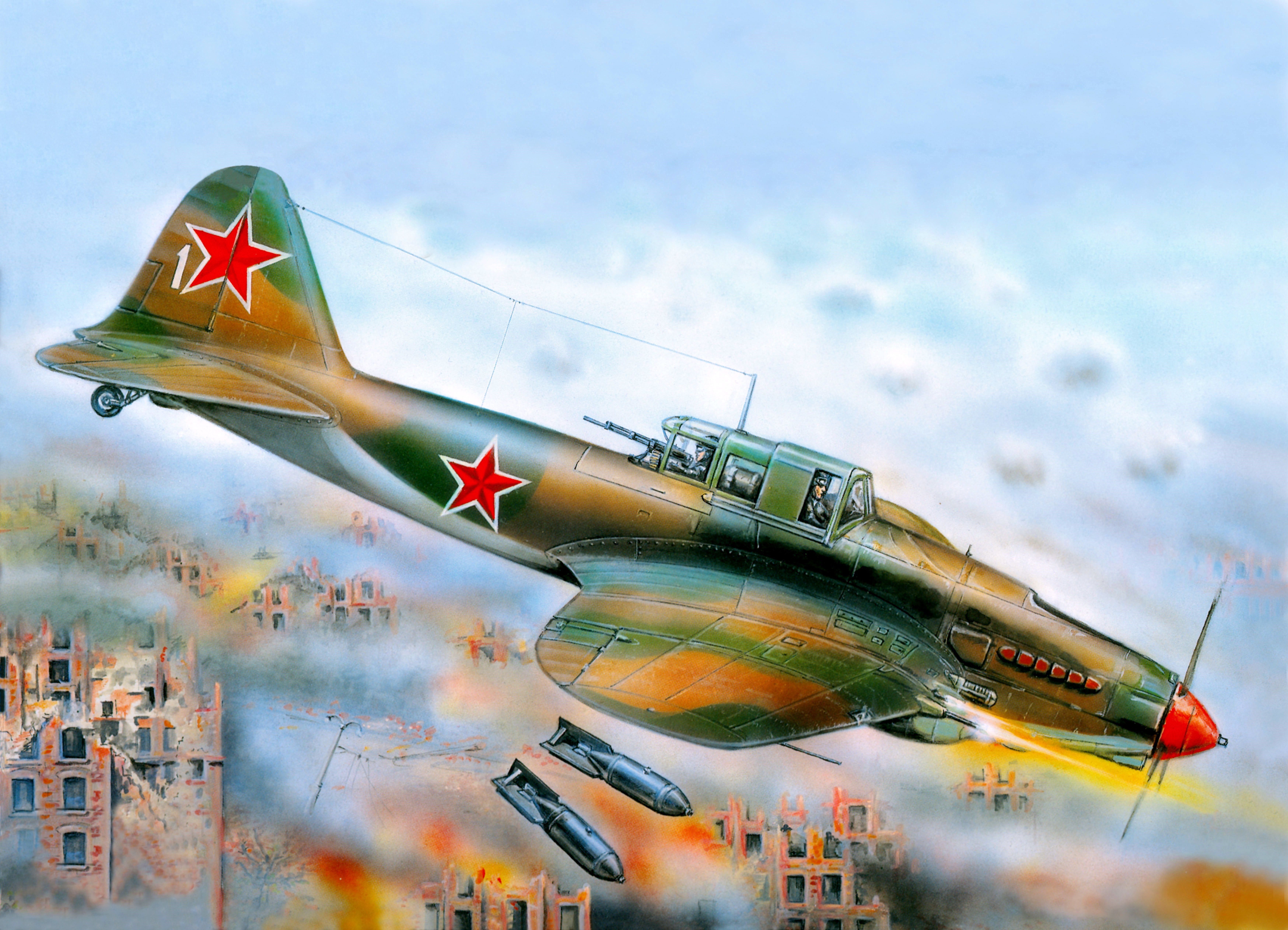 Airplane dropping bombs over destroyed city HD Wallpaper