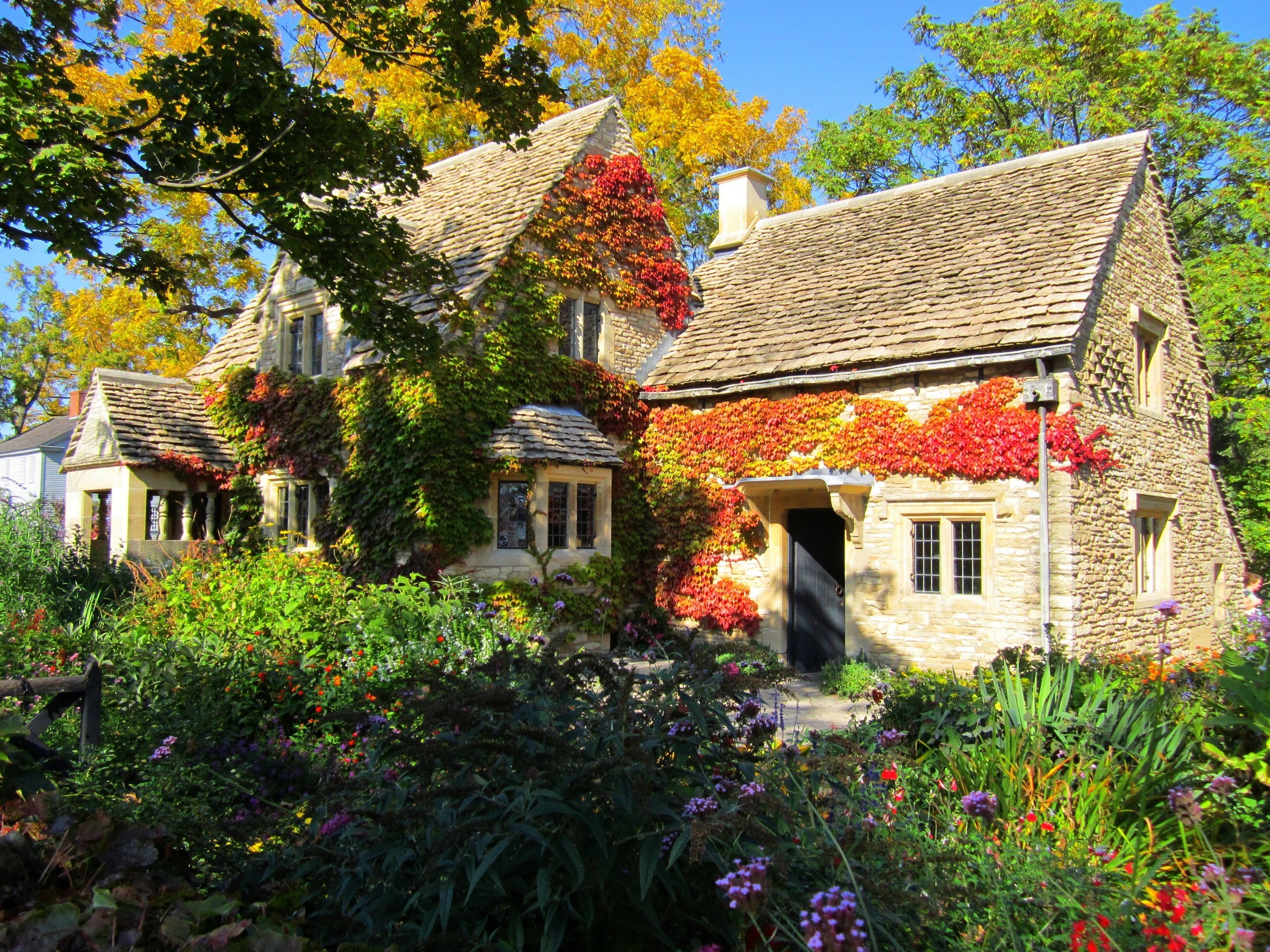Stone cottage covered in autumn foliage HD Wallpaper