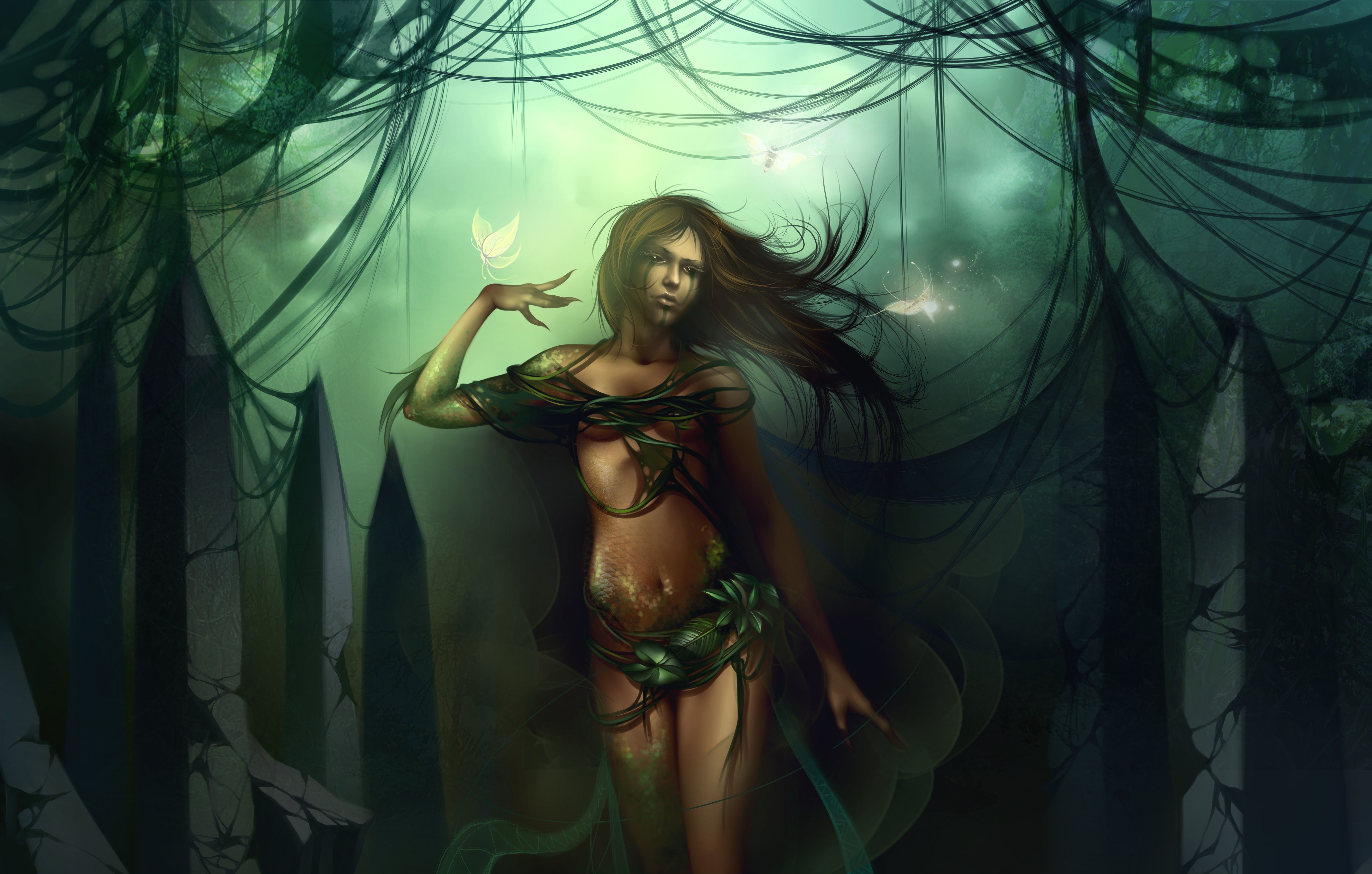 Fantasy woman with butterflies in a dark forest HD Wallpaper