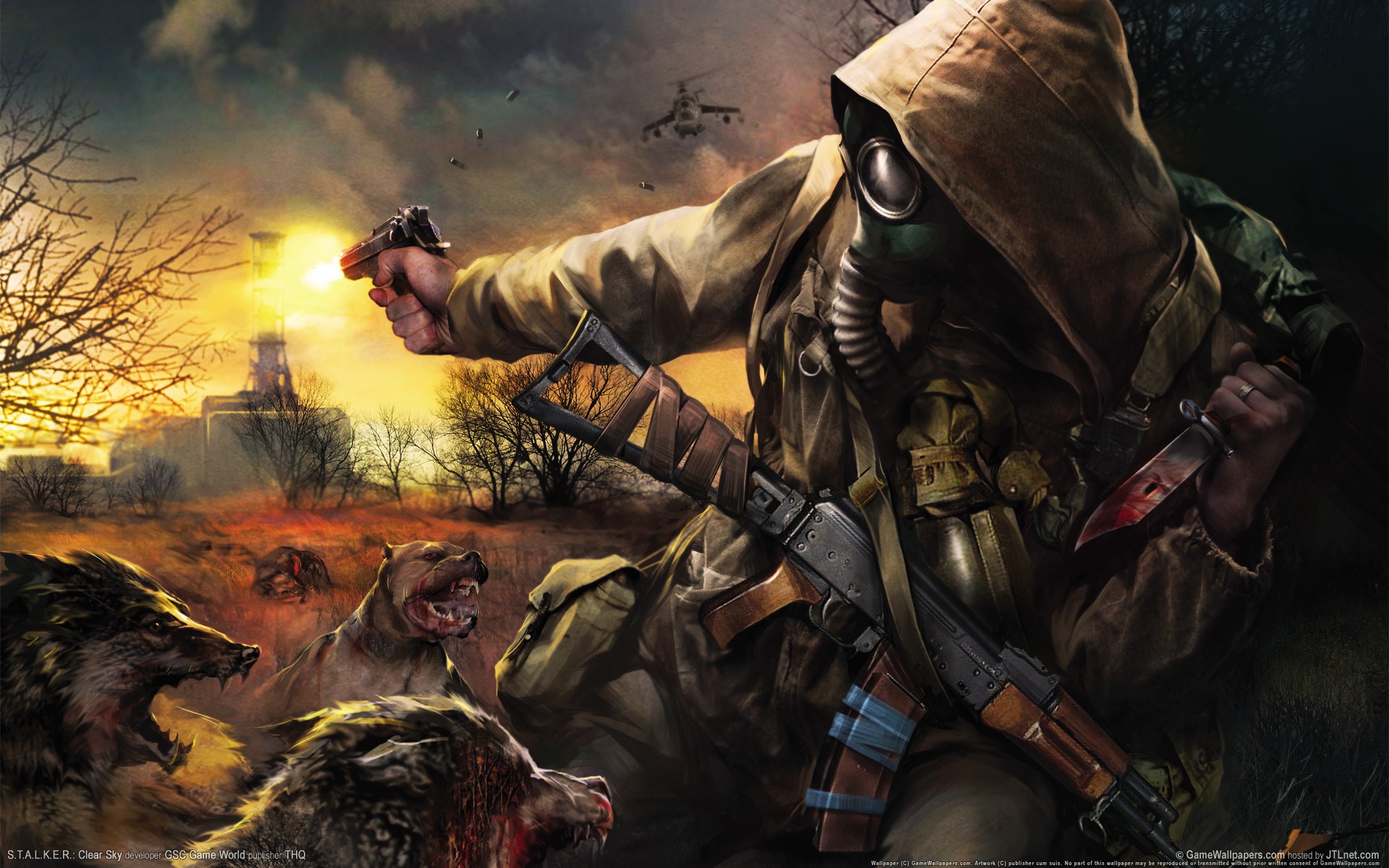 Stalker with gun and knife fighting mutants near power plant HD Wallpaper