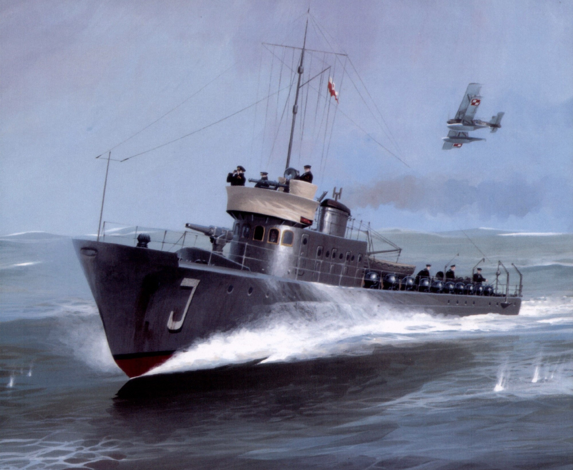 Painting of a naval ship and two biplanes HD Wallpaper