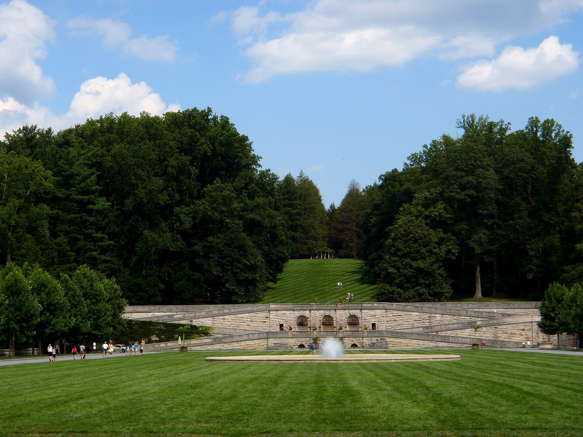 Esplanade at Biltmore Estate with fountain and trees HD Wallpaper