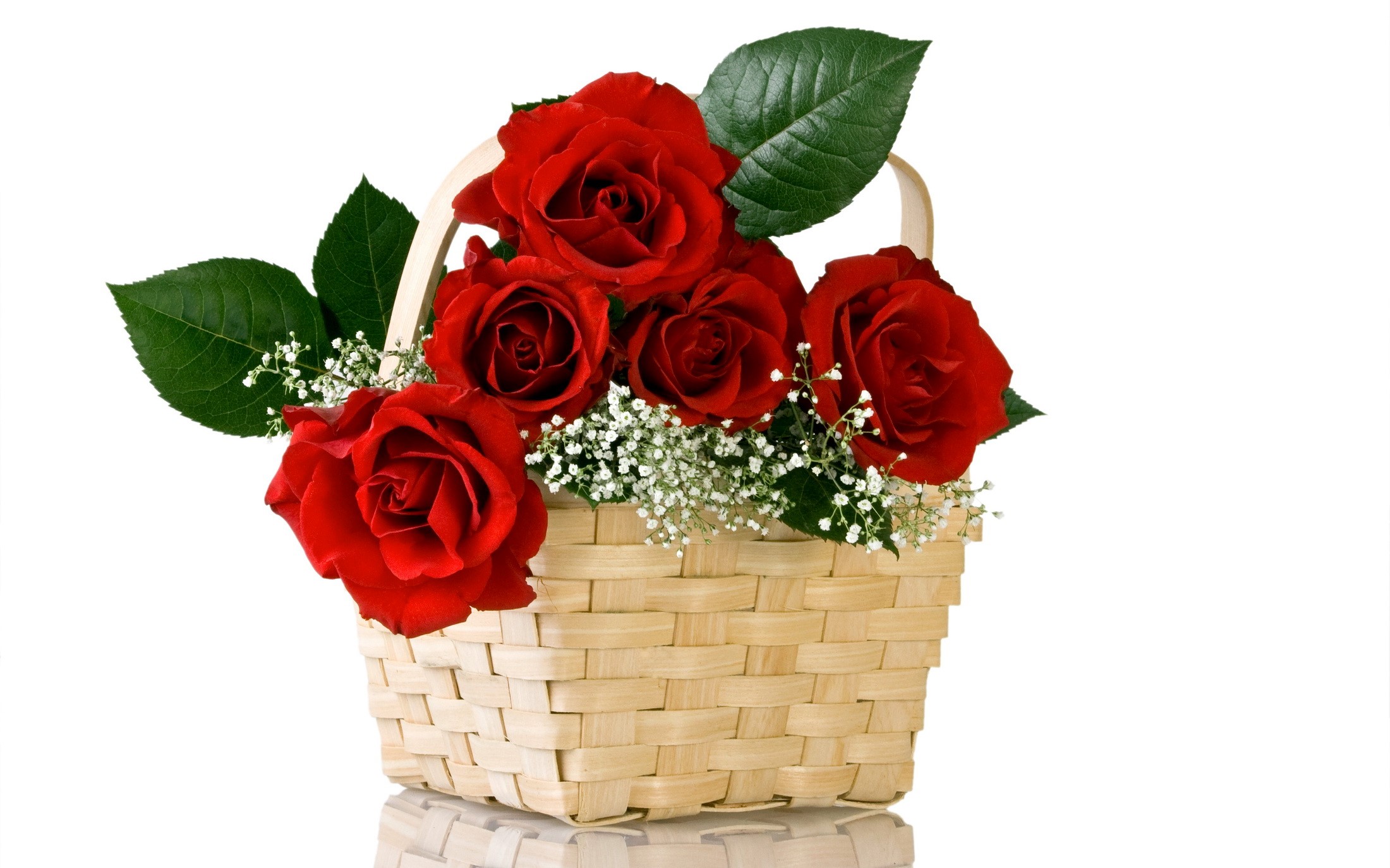 Basket of red roses with baby's breath HD Wallpaper