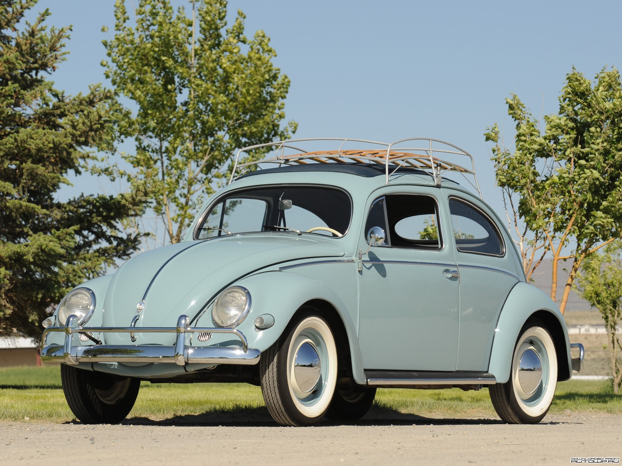 Light Blue Volkswagen Beetle with Roof Rack HD Wallpaper