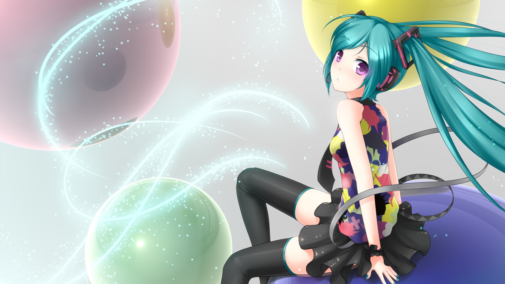 Hatsune Miku sitting on a large ball HD Wallpaper