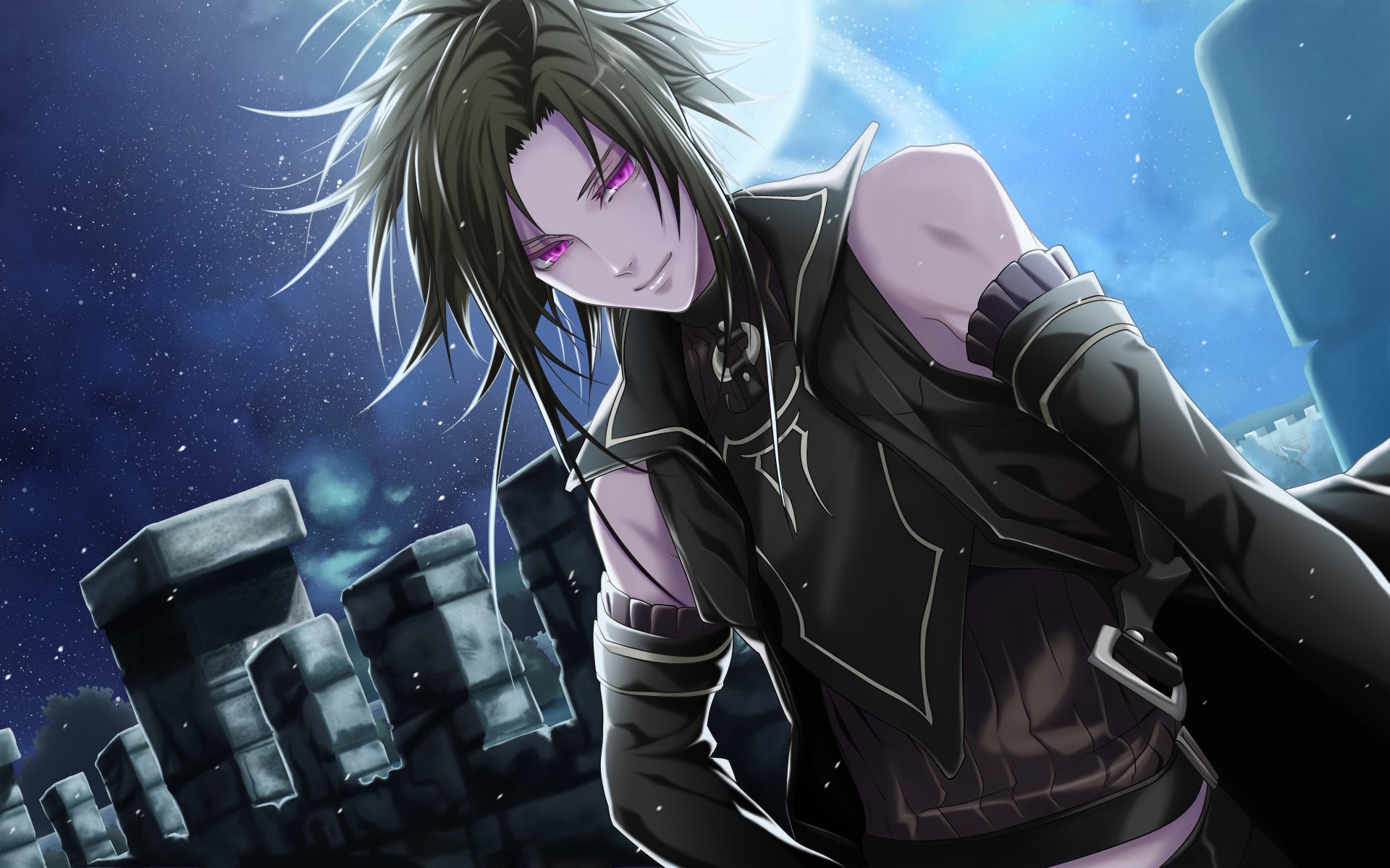 Man with purple eyes in black outfit under moon HD Wallpaper